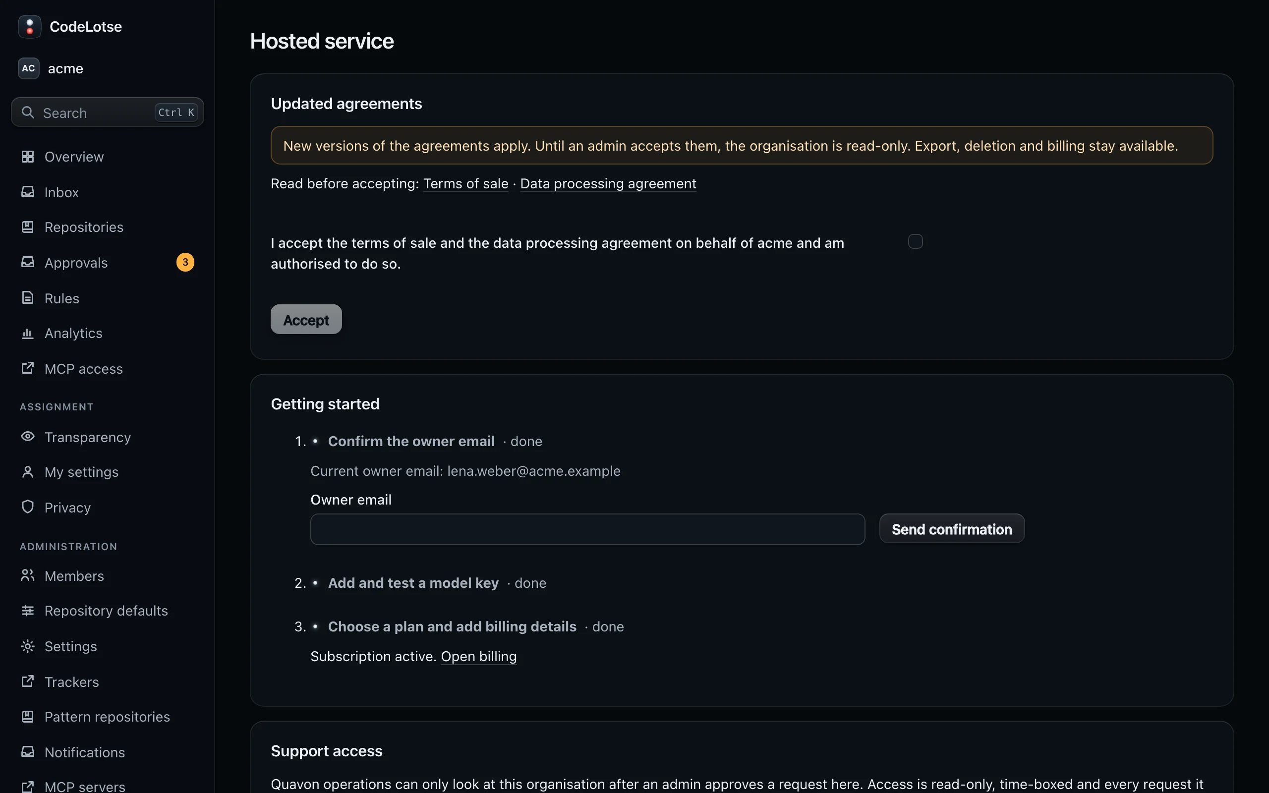 The Updated agreements notice on the Hosted service page