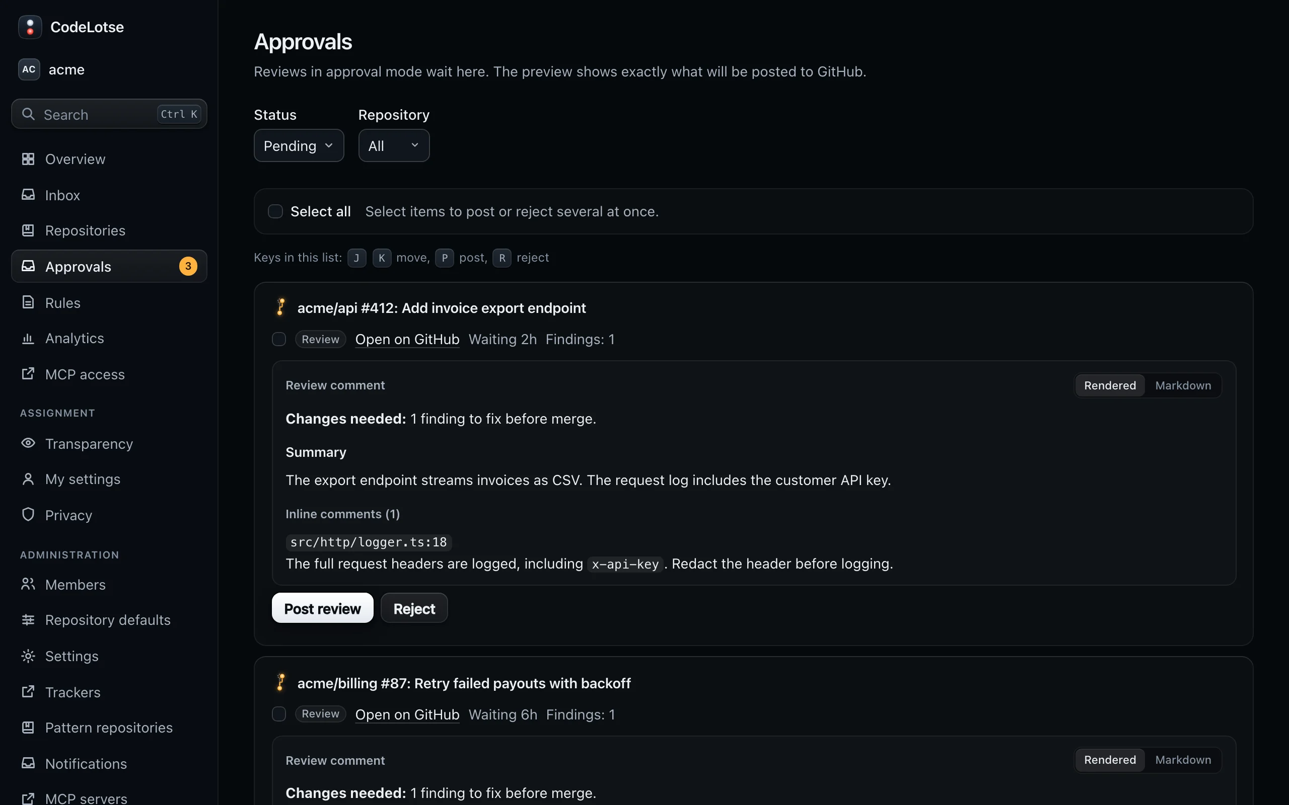 The approvals inbox of acme with pending outputs and the preview of a review