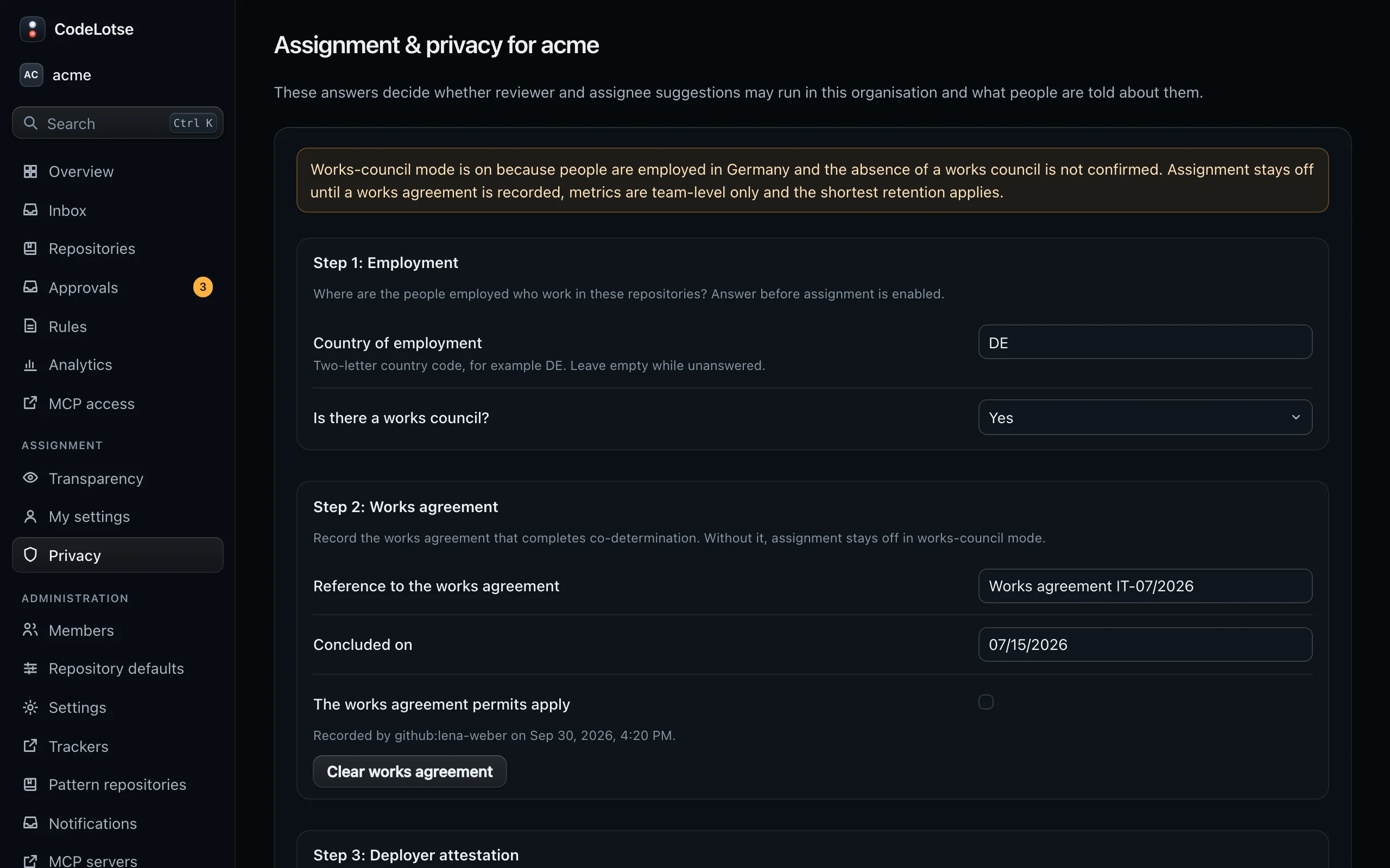 Assignment and privacy for acme with the employment questions, the works agreement, retention and transparency settings