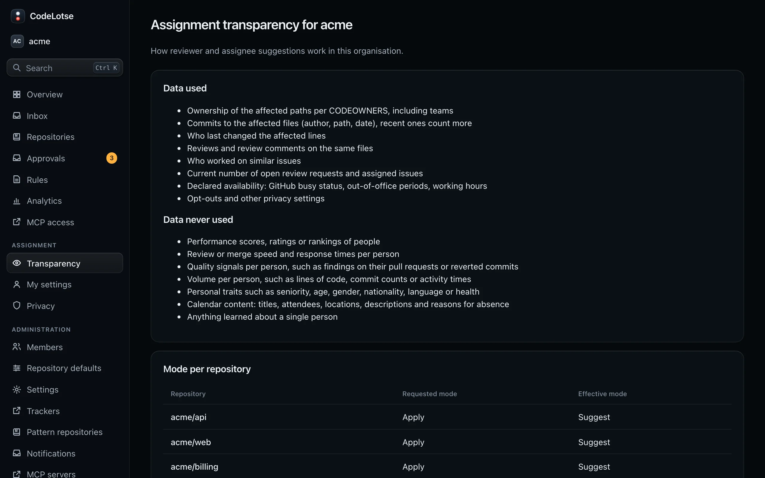 The assignment transparency page of acme with the data used, the data never used and the mode per repository