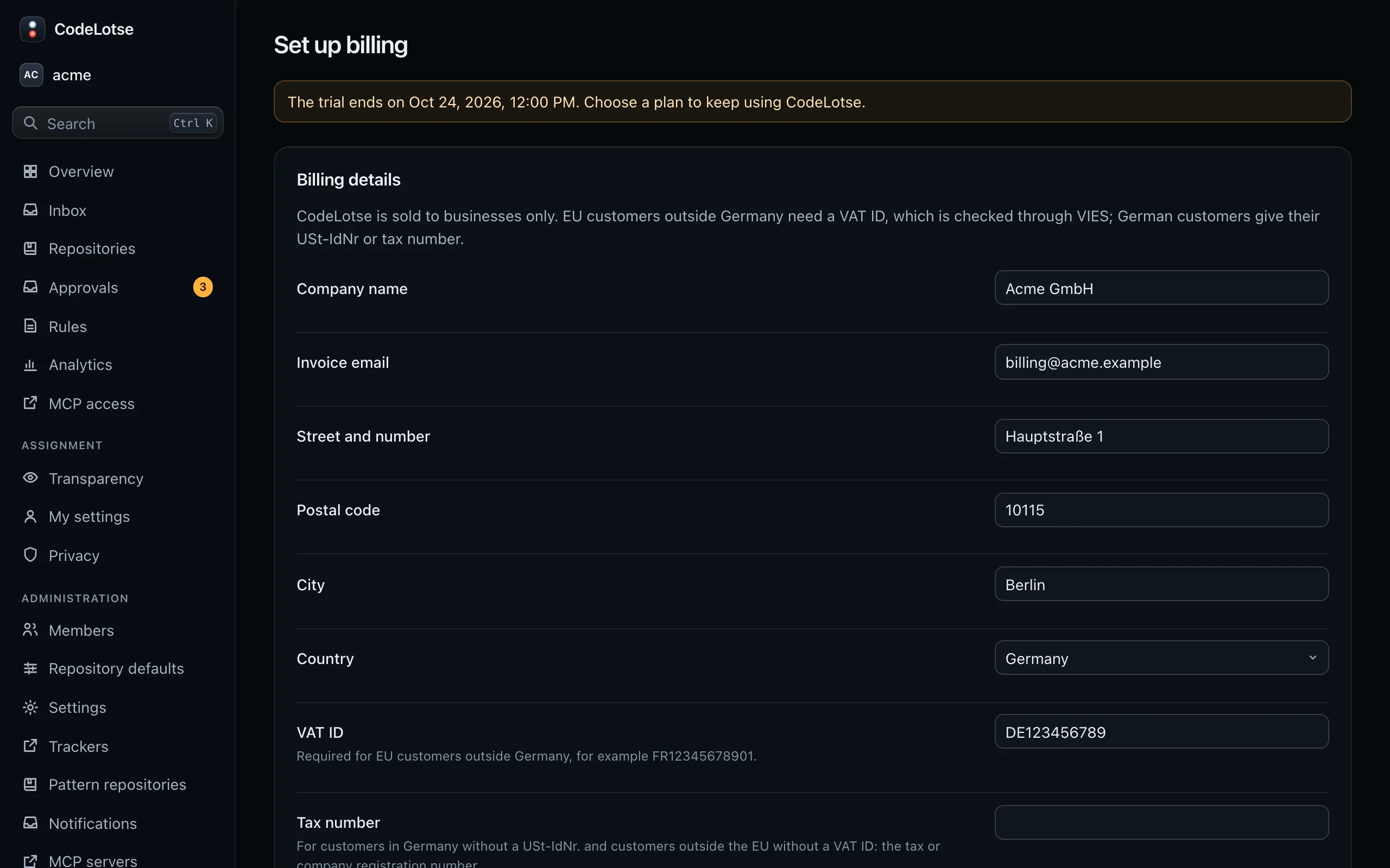 The billing setup with the billing details and the plan choice