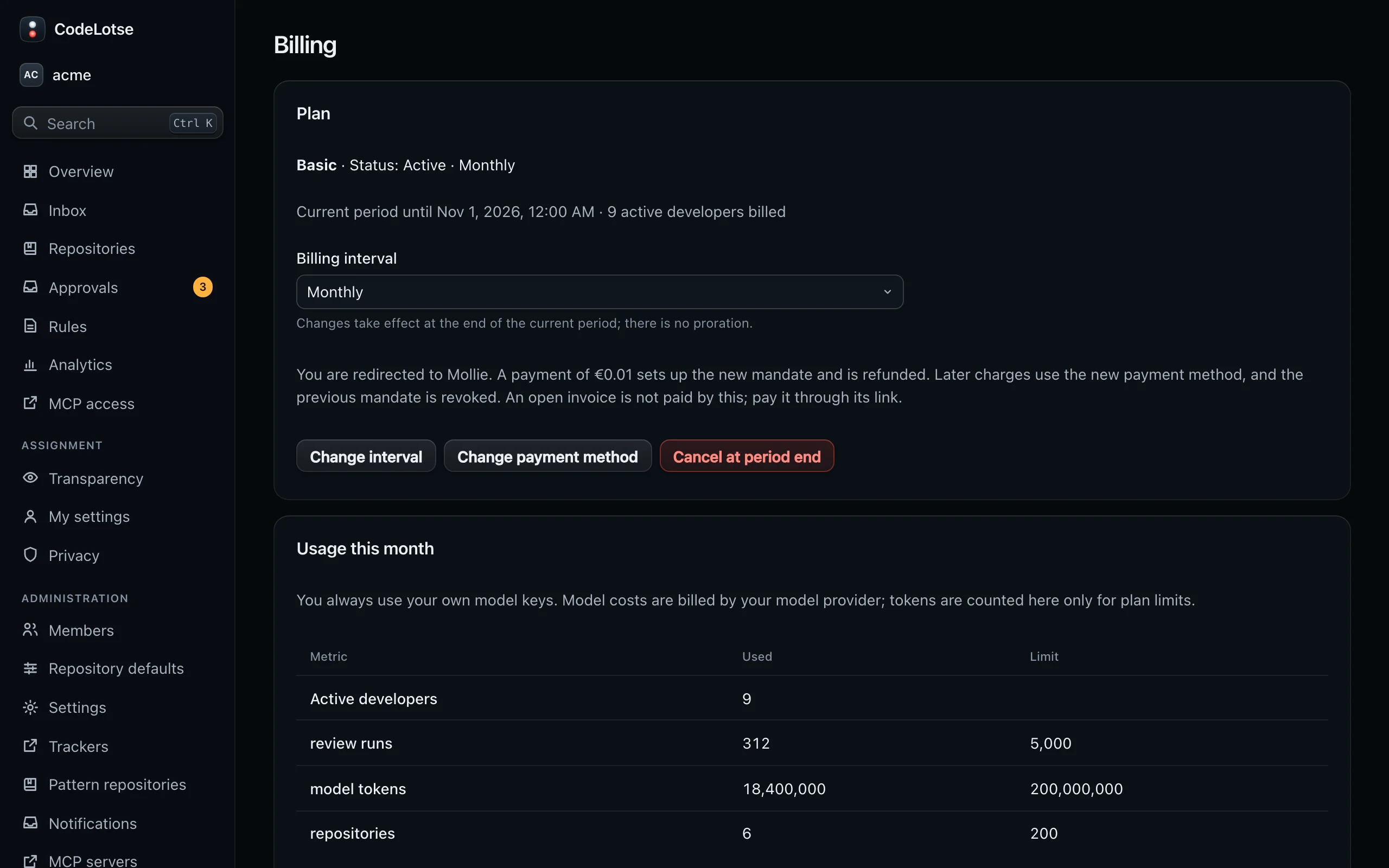 The billing page with the plan, usage this month, the active developers and invoices