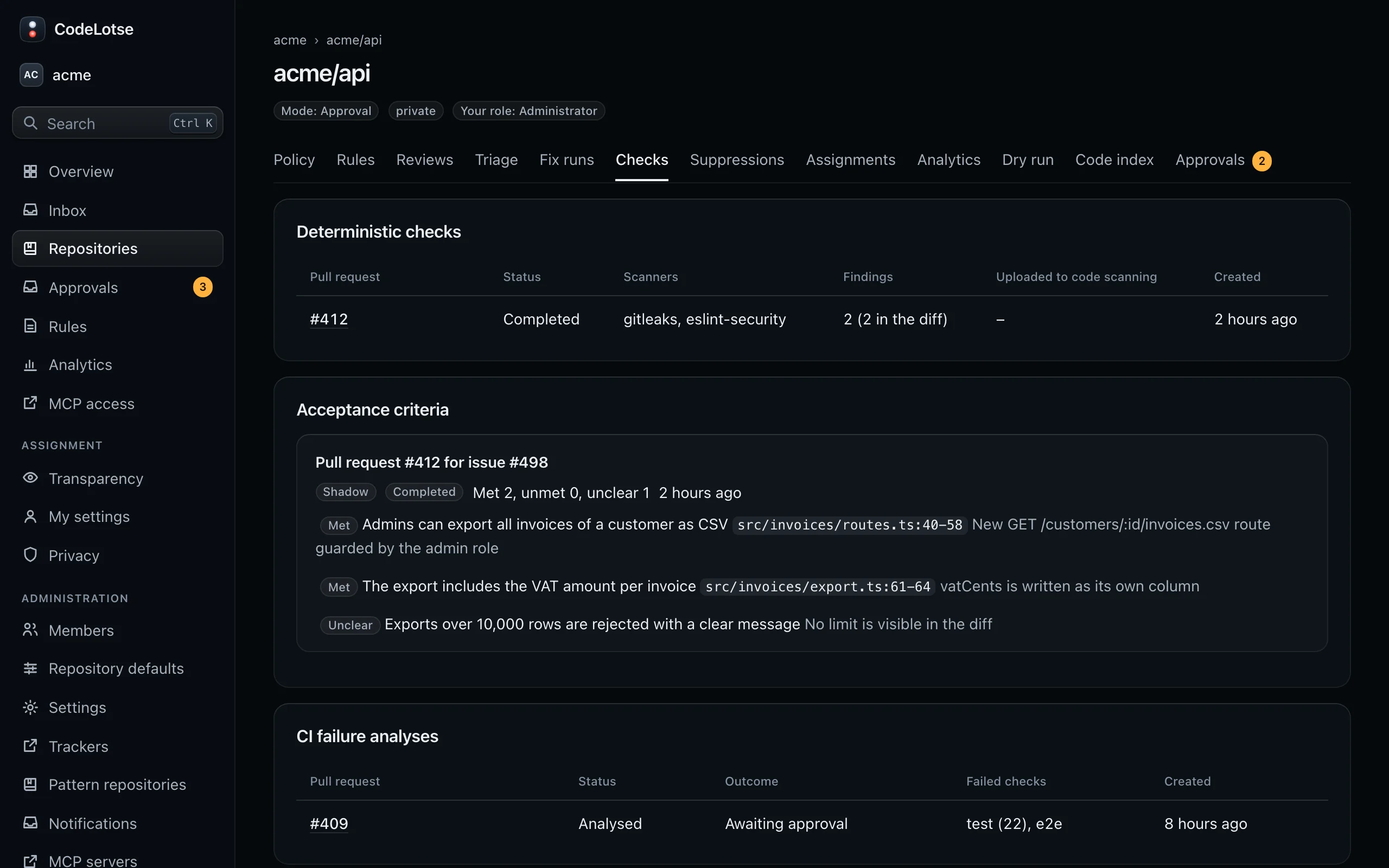The Checks tab of acme/api with scanner runs, acceptance criteria checks and CI failure analyses