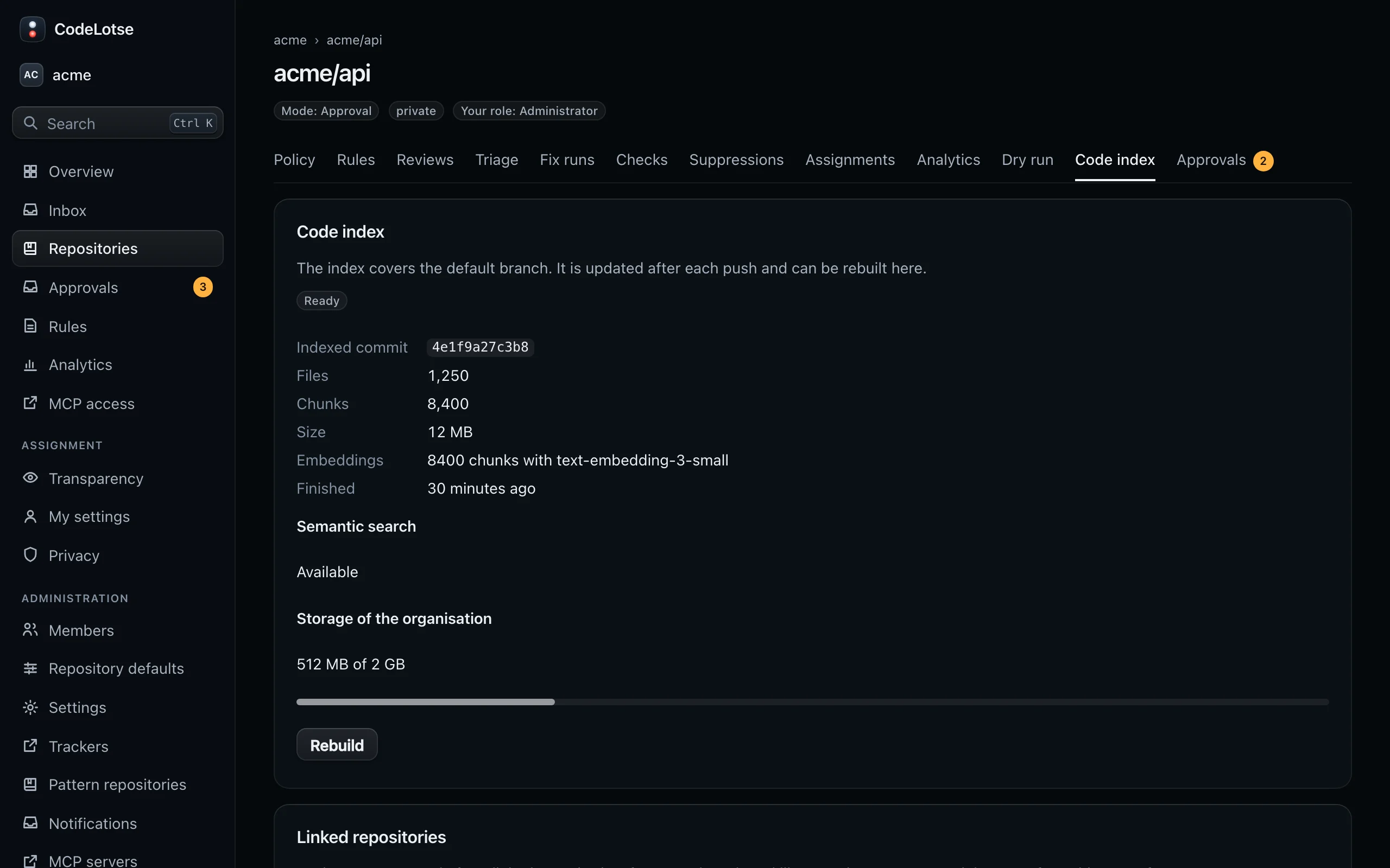 The Code index tab of acme/api with the state of the index, its size and the linked repositories