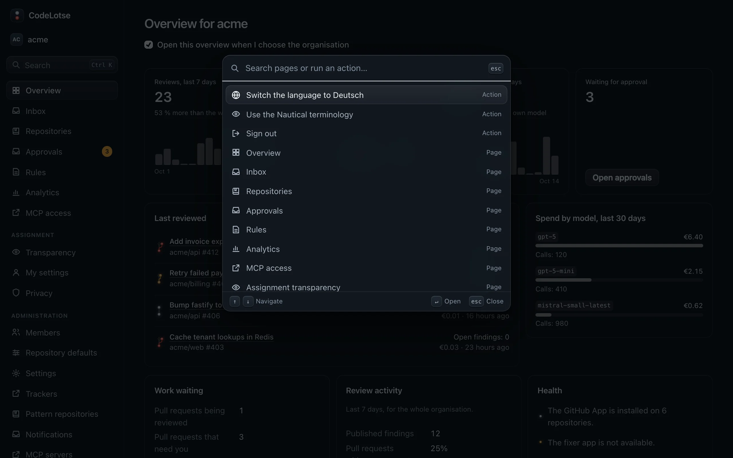 The command menu with recent pages, actions and repositories