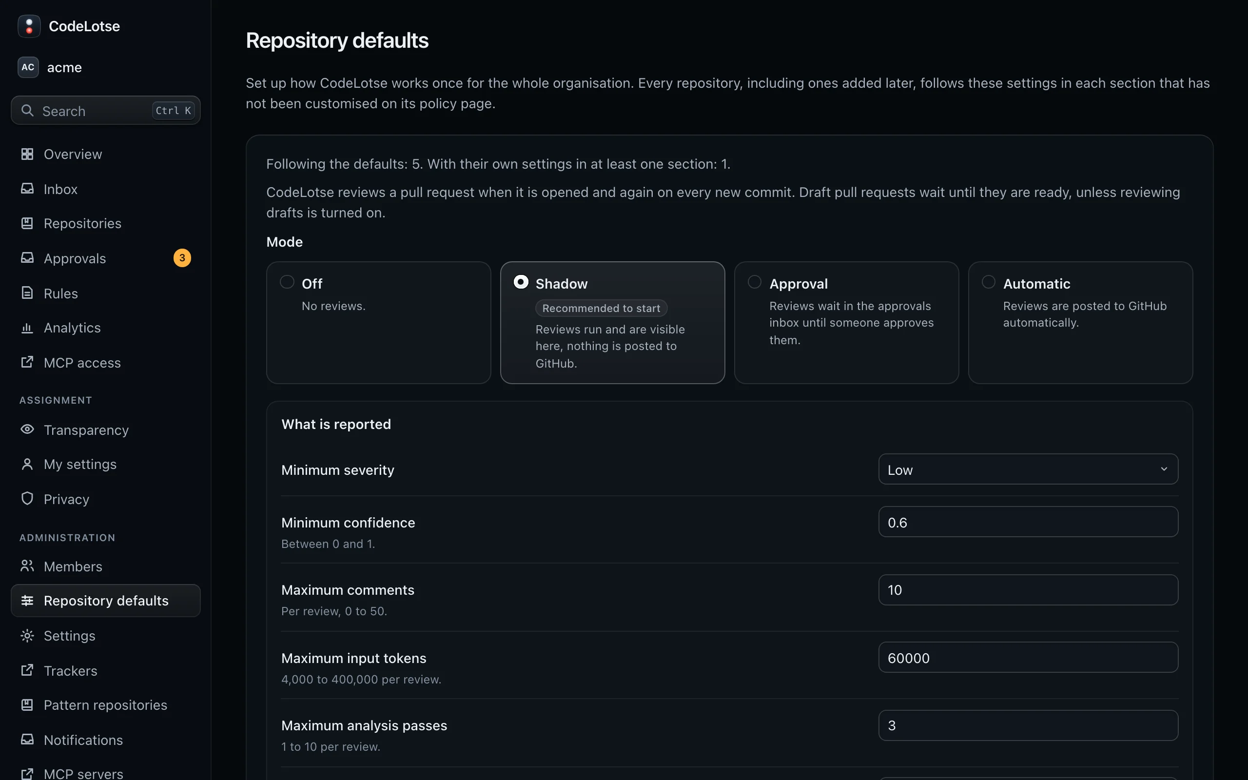 Repository defaults of acme with the review mode and feature sections that every repository follows