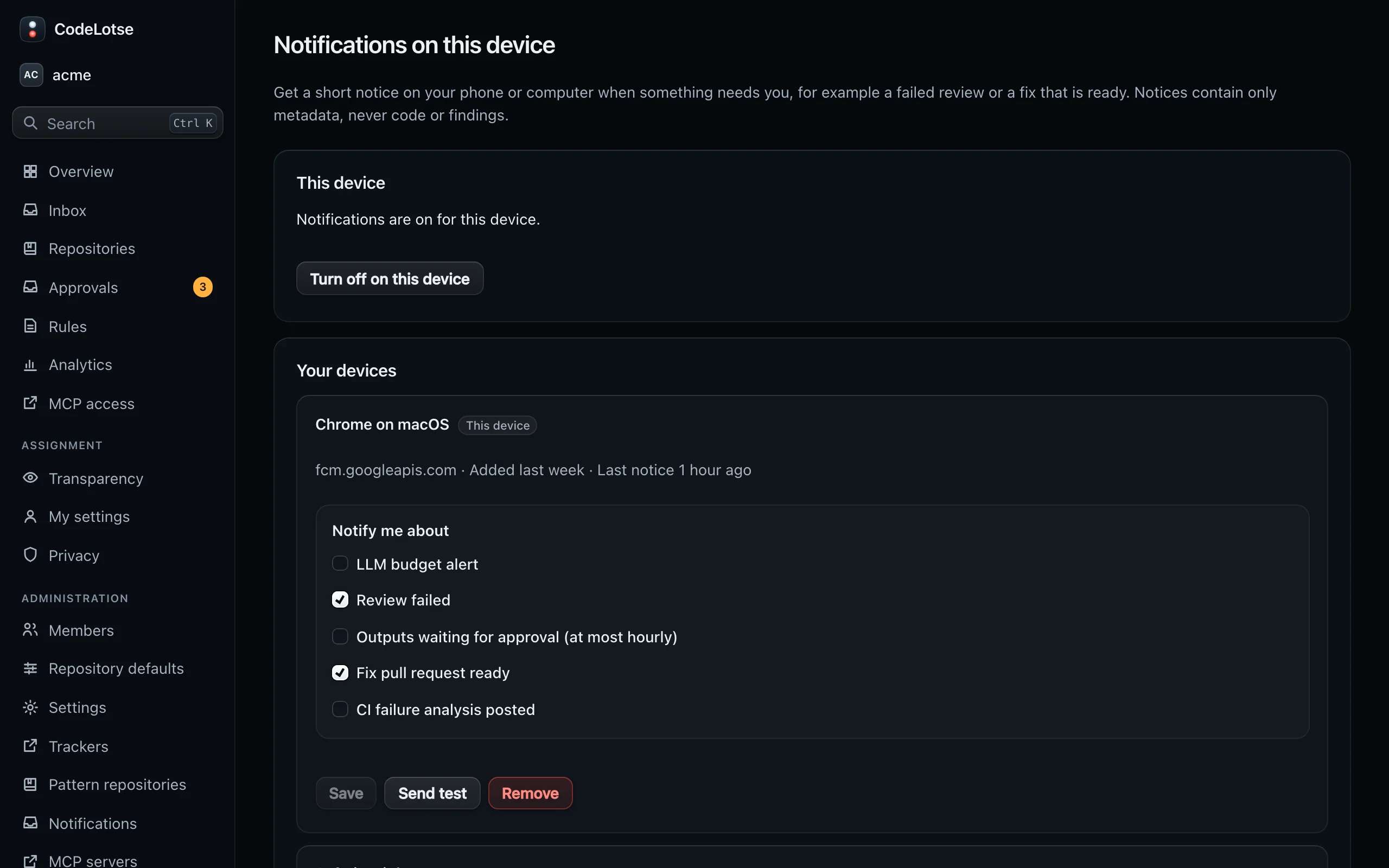 Notifications on this device with the events to be notified about and the list of your devices