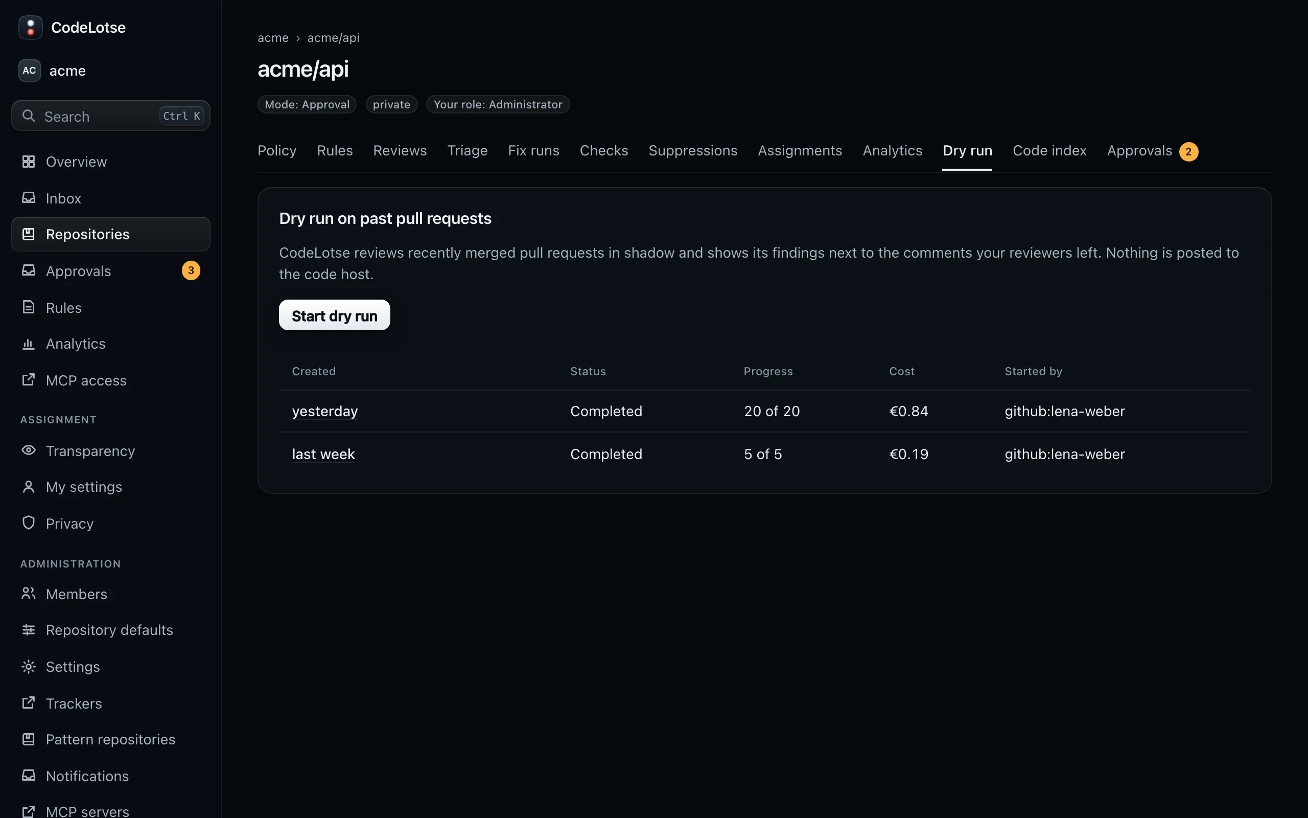 The Dry run tab of acme/api with the comparison of CodeLotse findings and reviewer comments
