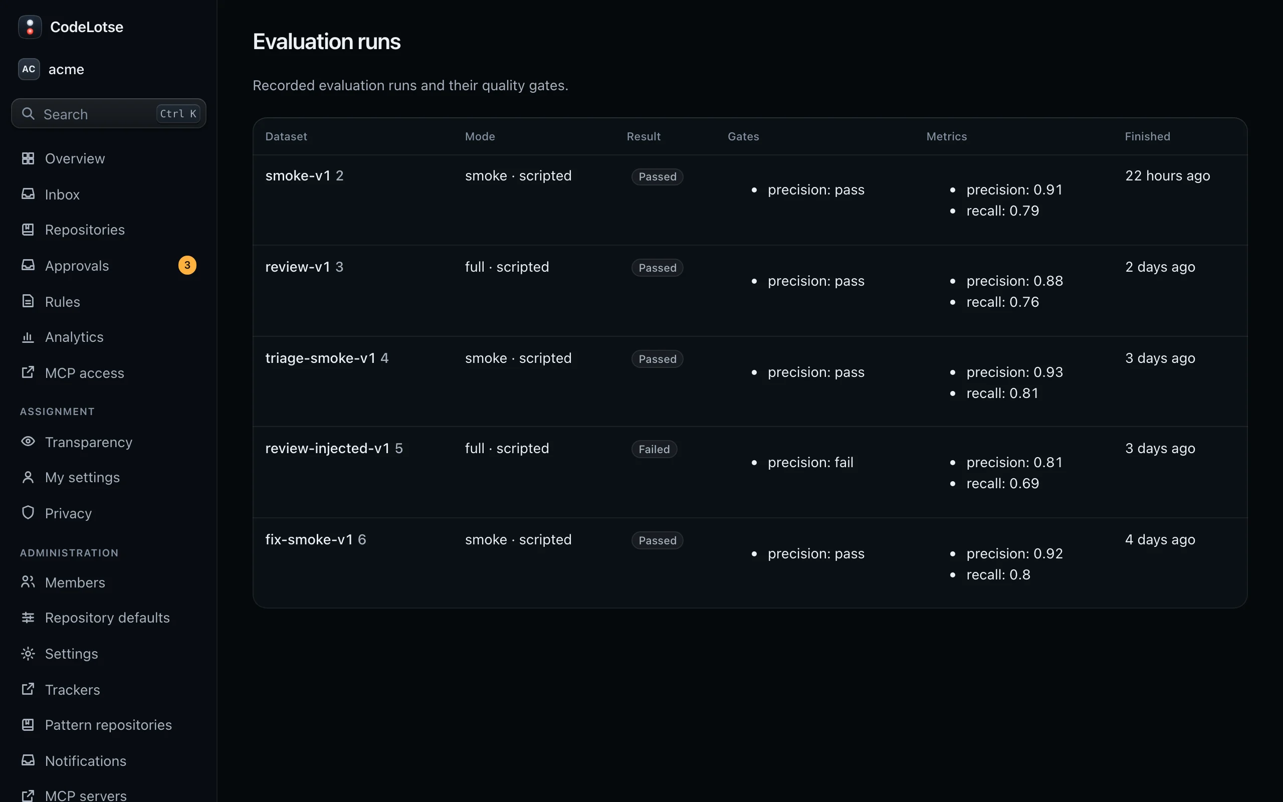 The Evaluation runs page with recorded runs, their result and quality gates