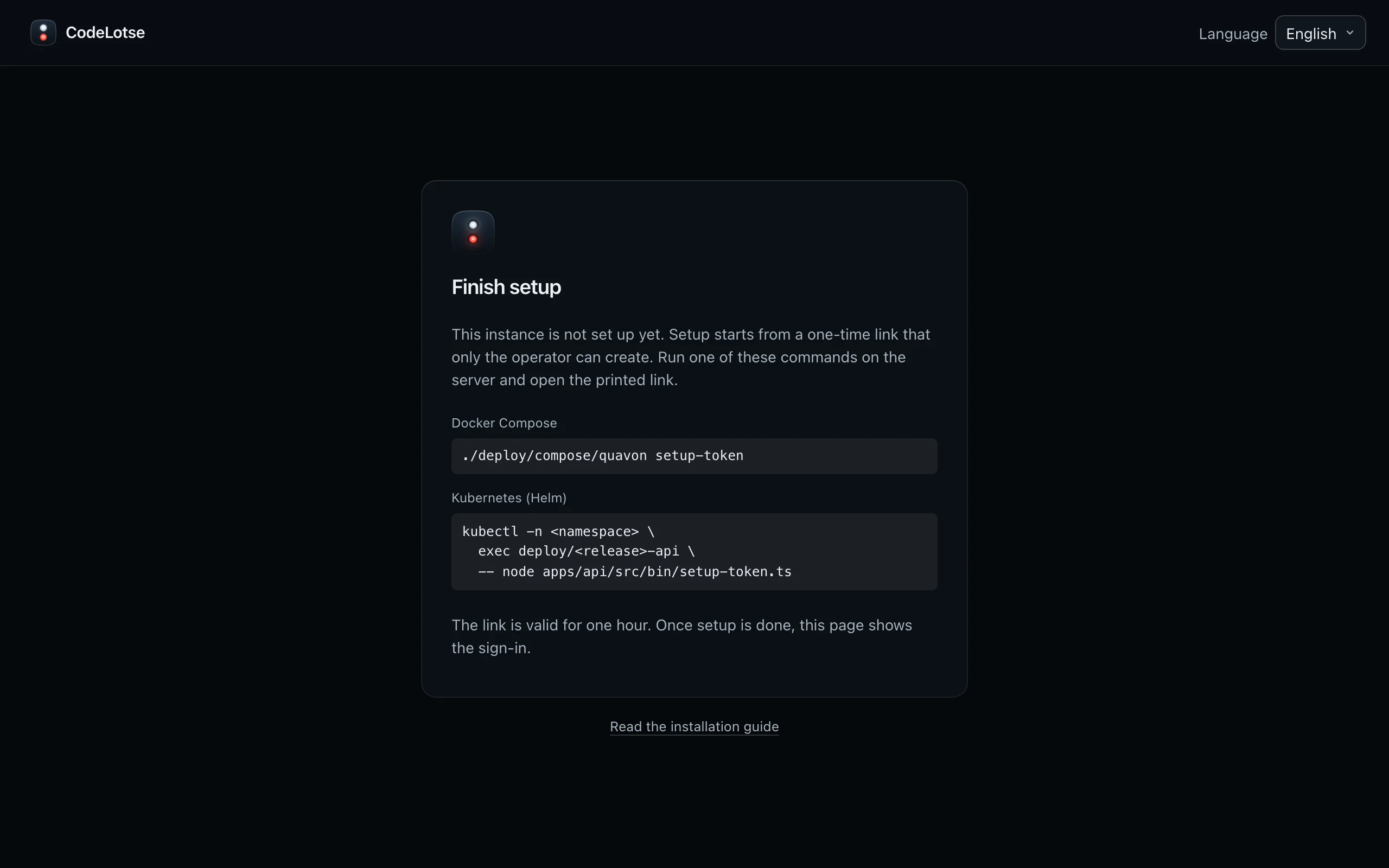 The Finish setup page with the commands that create a setup link