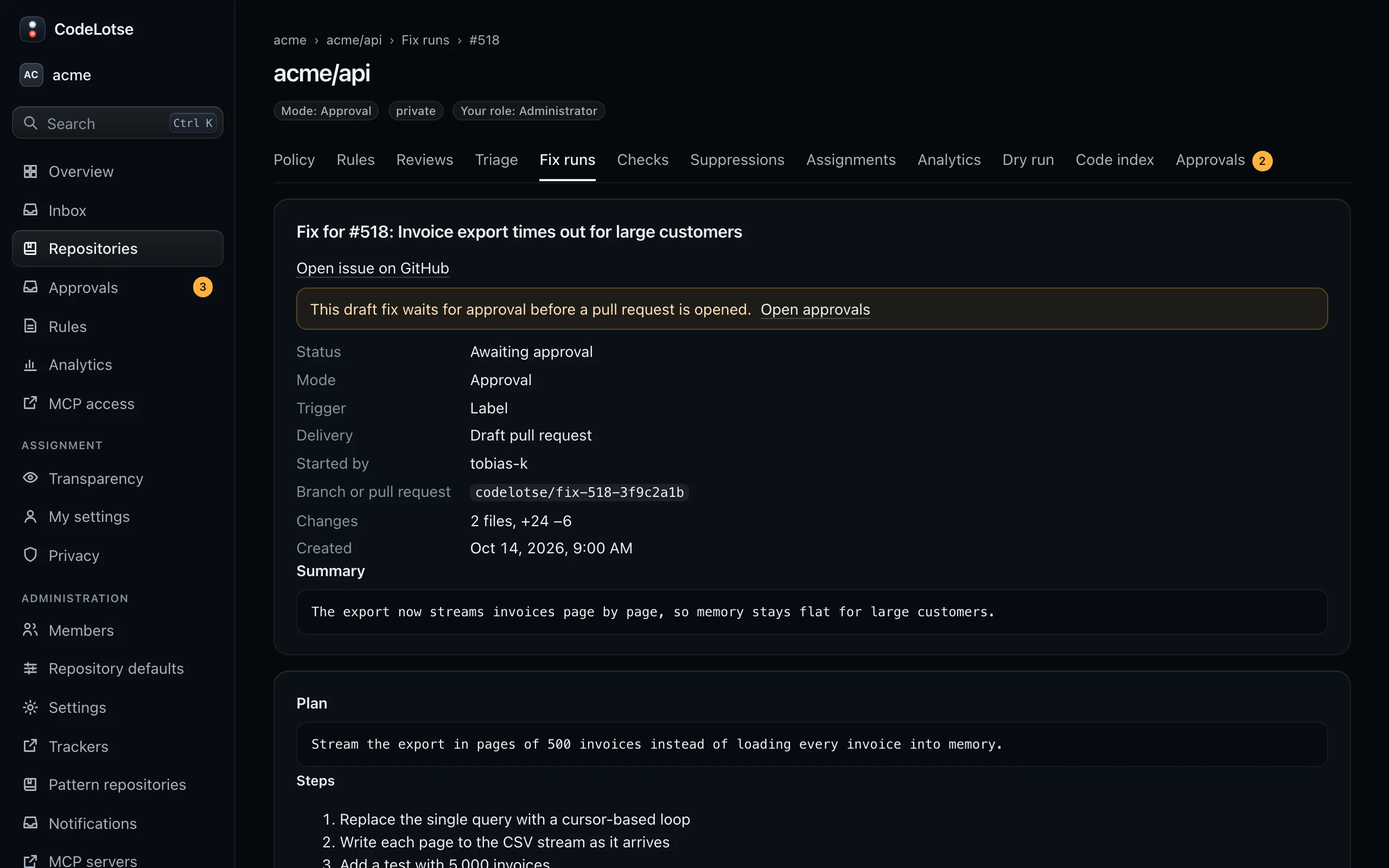 A fix run with its plan, the test and lint results and the patch
