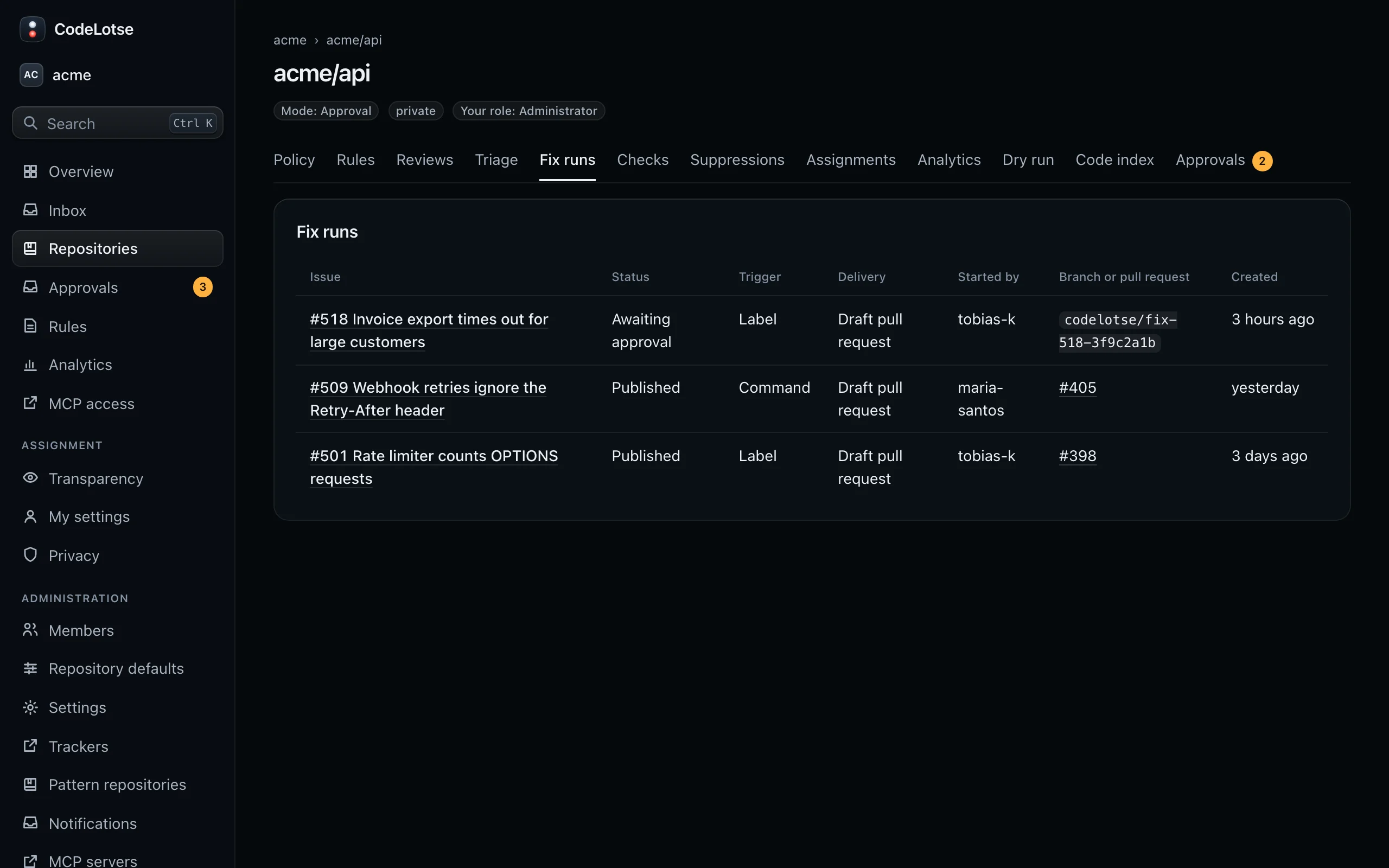 The Fix runs tab of acme/api with fix runs, their status, trigger and resulting branch or pull request