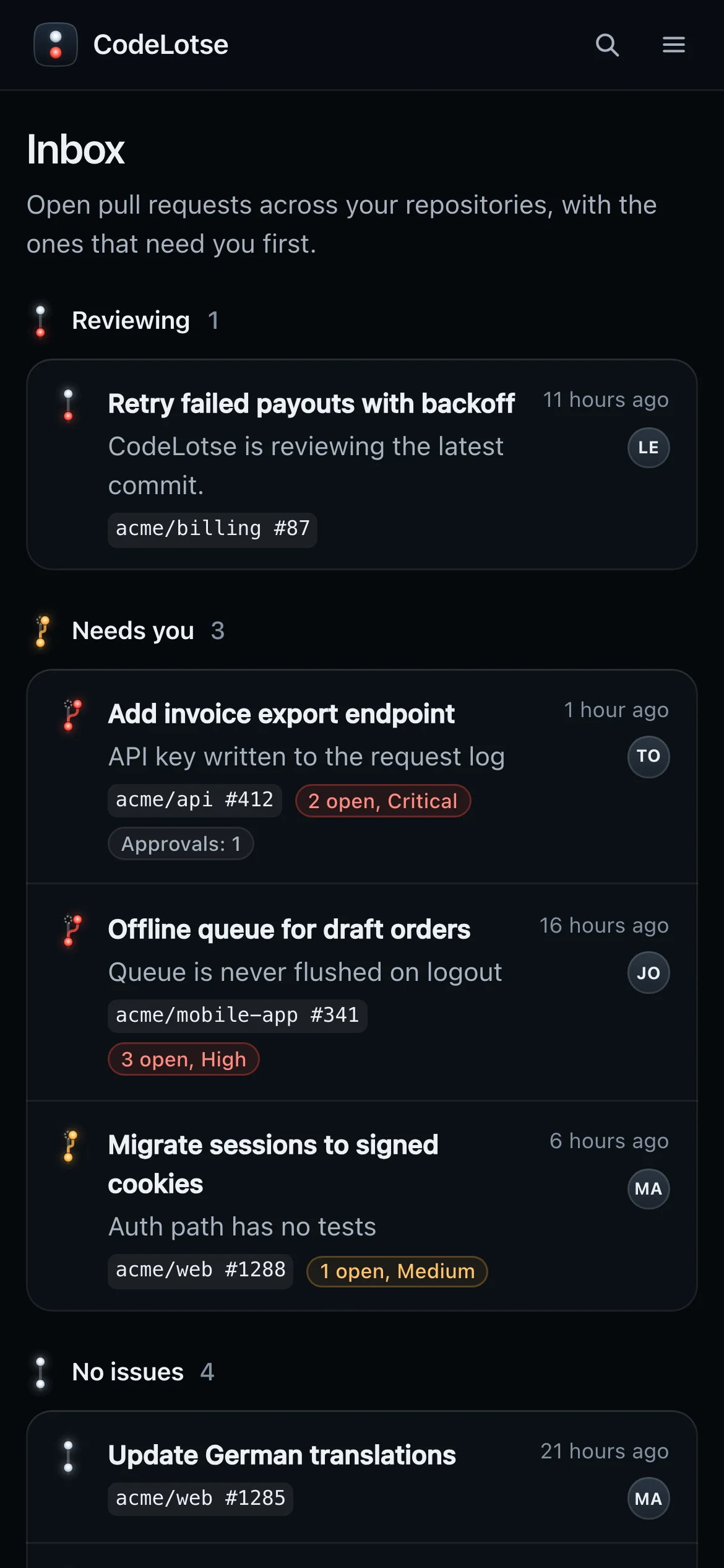 The inbox on a phone, with the pull requests that need you