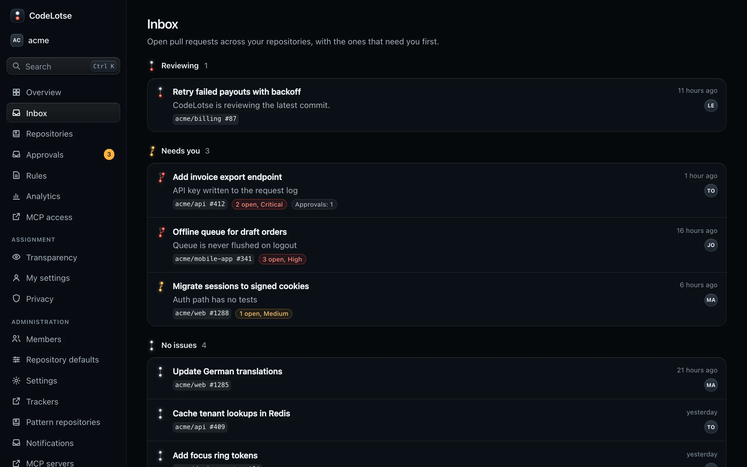 The inbox of acme with pull requests grouped into Reviewing, Needs you and No issues