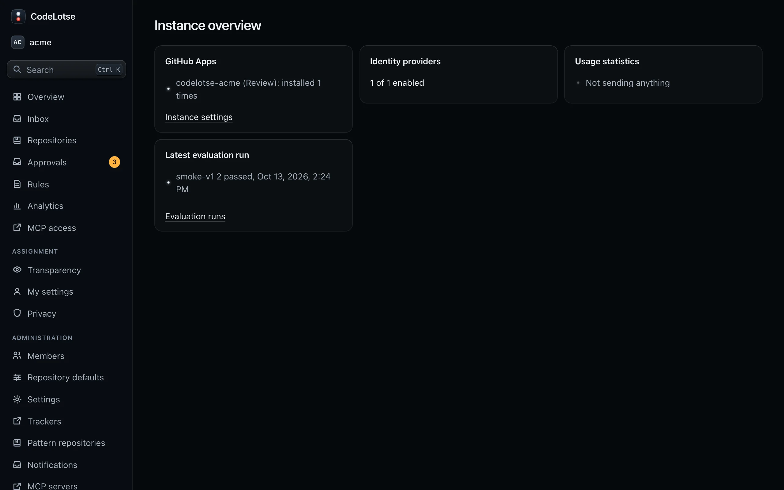 The instance overview with the GitHub Apps, identity providers, usage statistics and the latest evaluation run
