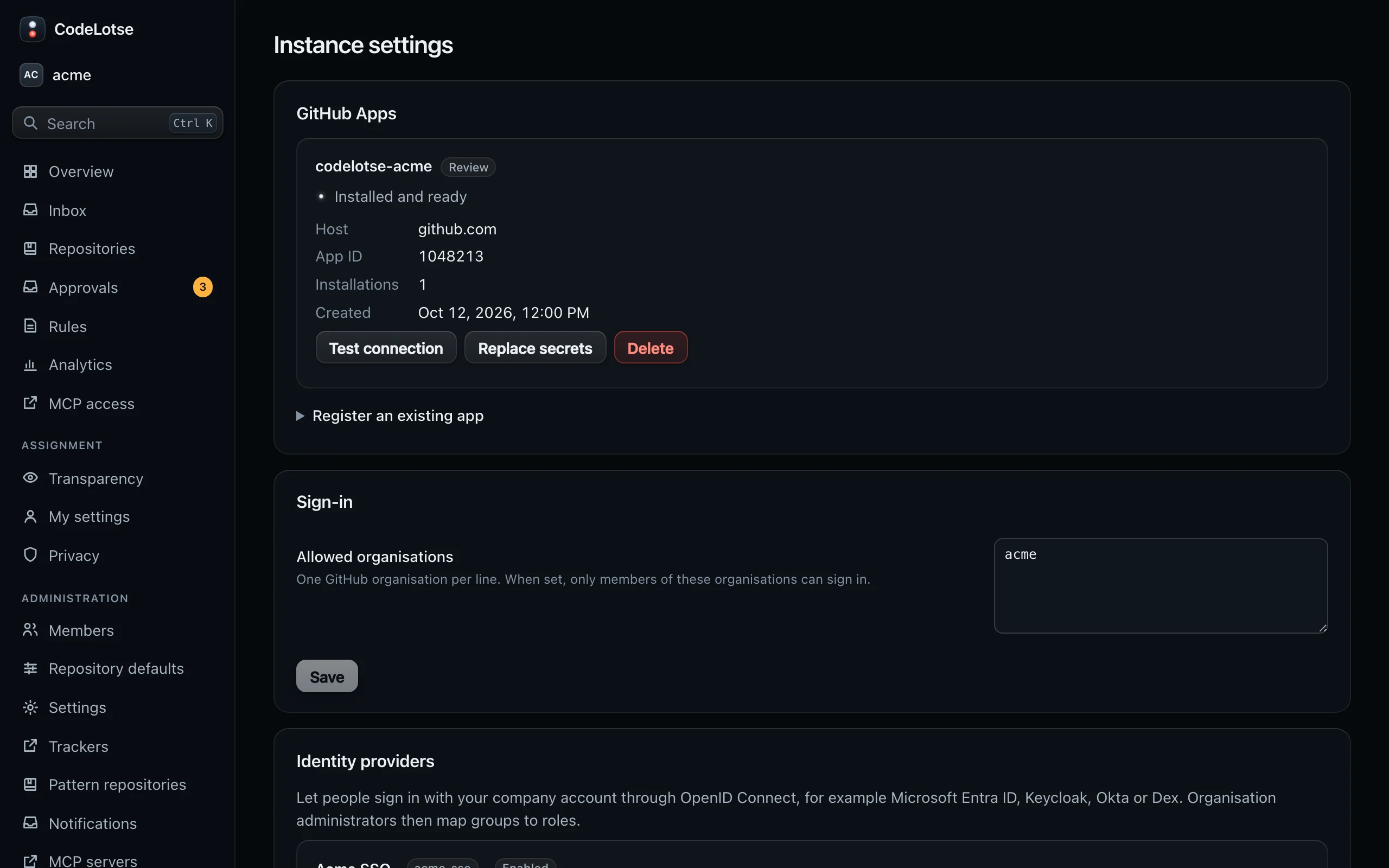 Instance settings with the registered GitHub Apps, the allowed organisations and an identity provider
