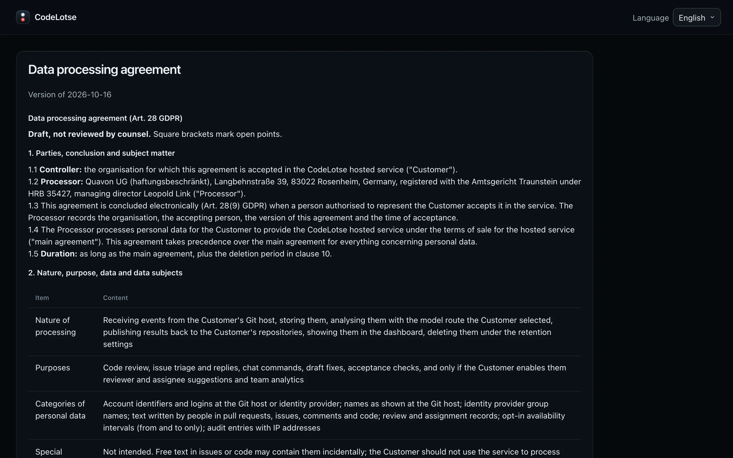 The data processing agreement as shown in the web app