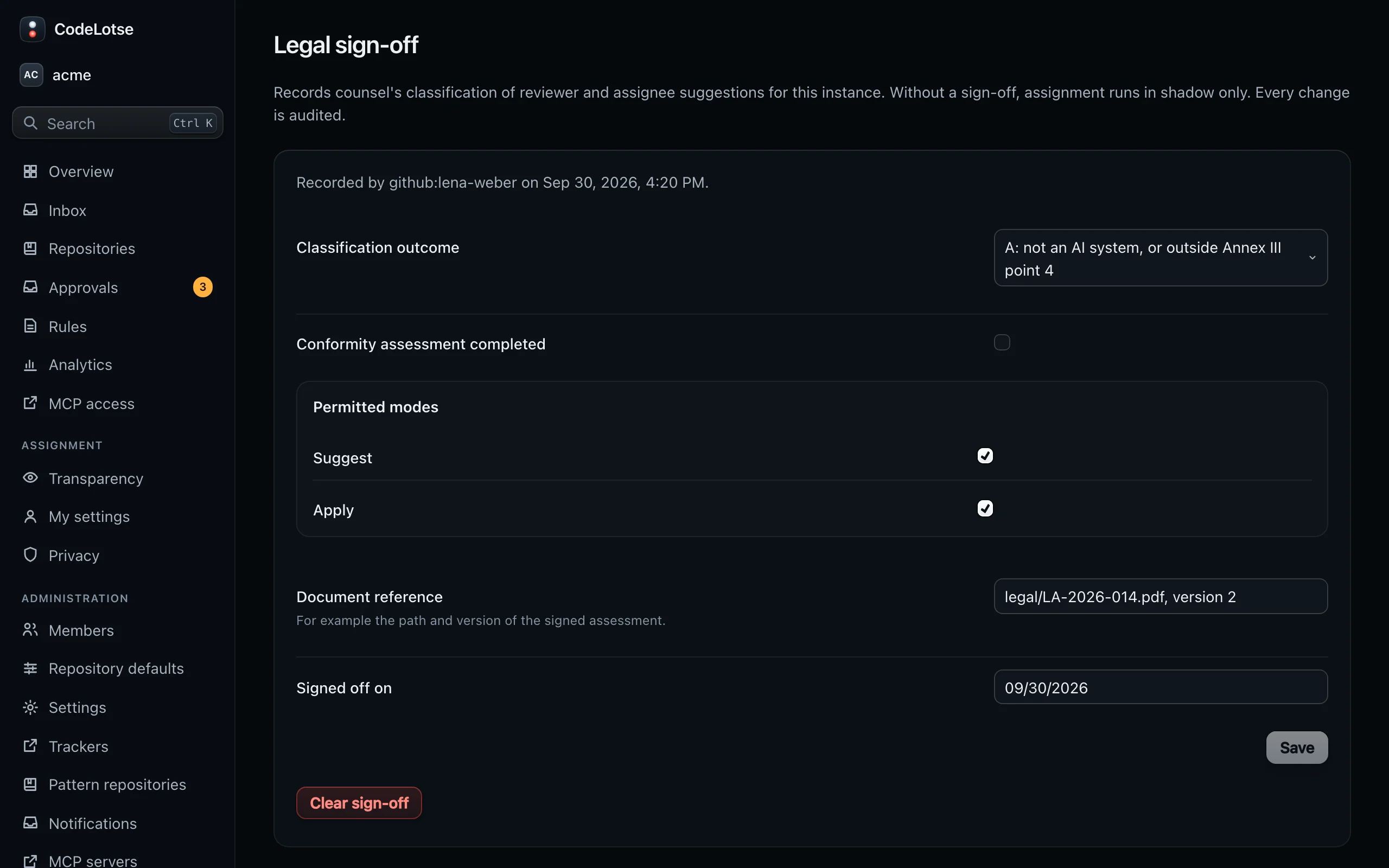 The Legal sign-off page with the classification outcome, the permitted modes and the document reference