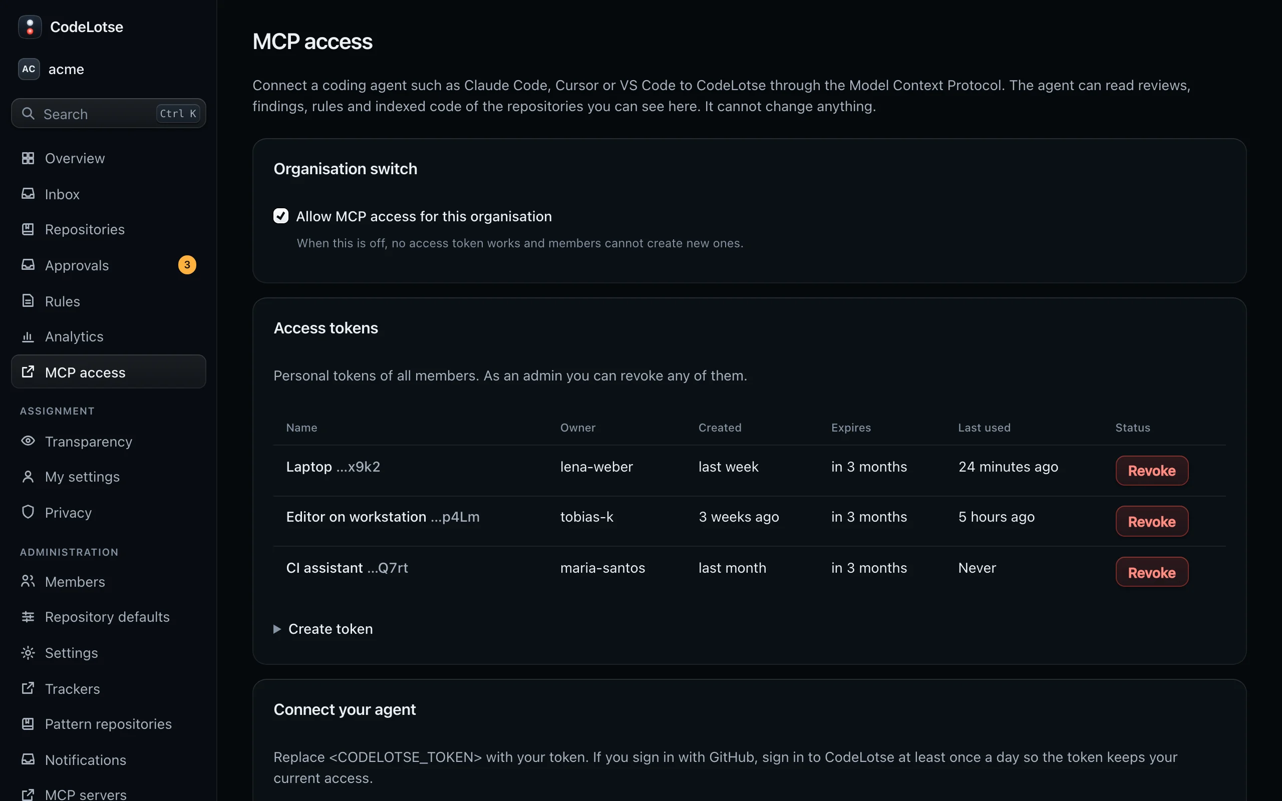 MCP access for acme with the organisation switch, the access tokens and the snippets to connect an agent
