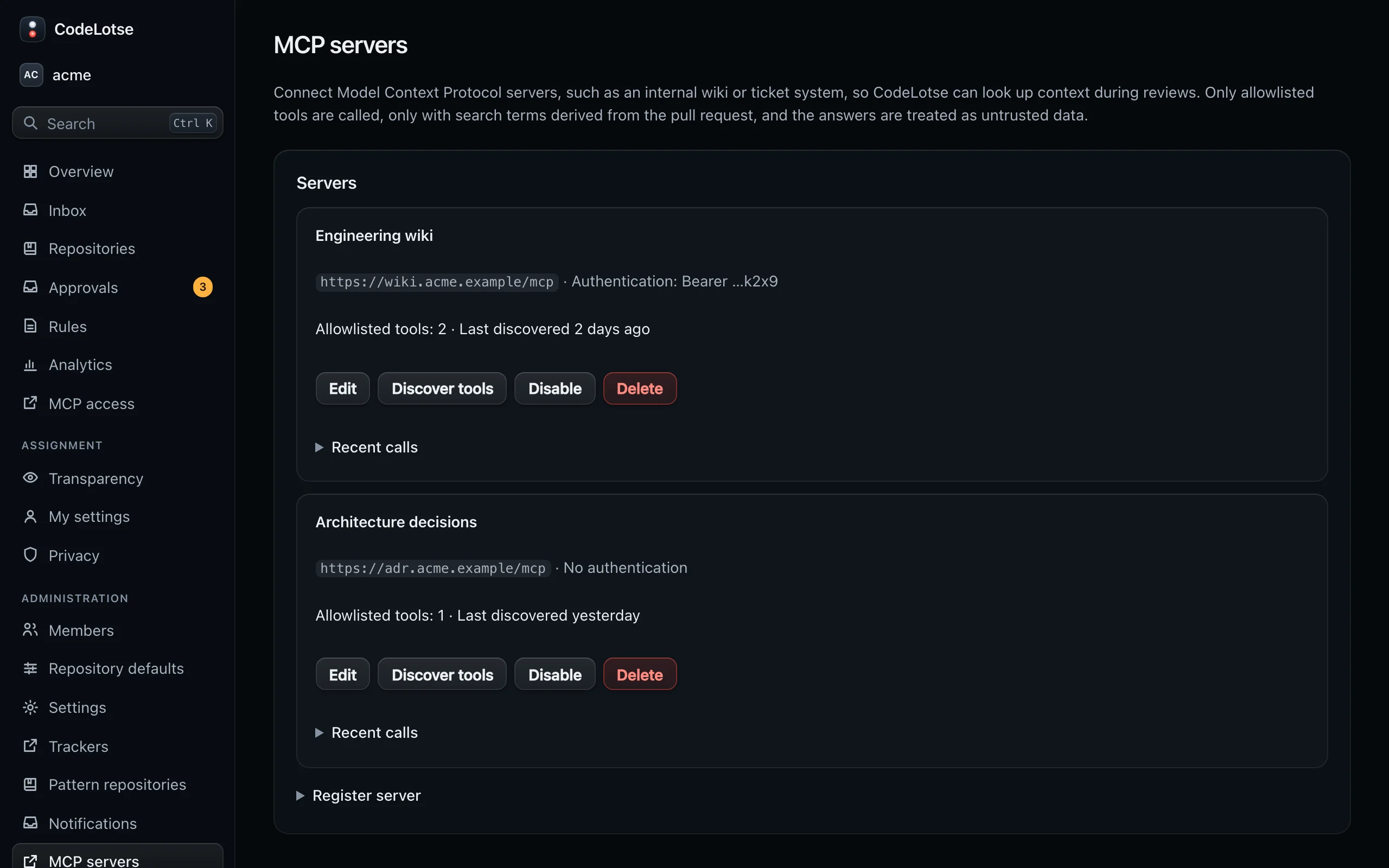 The MCP servers page of acme with a registered server and its allowlisted tools
