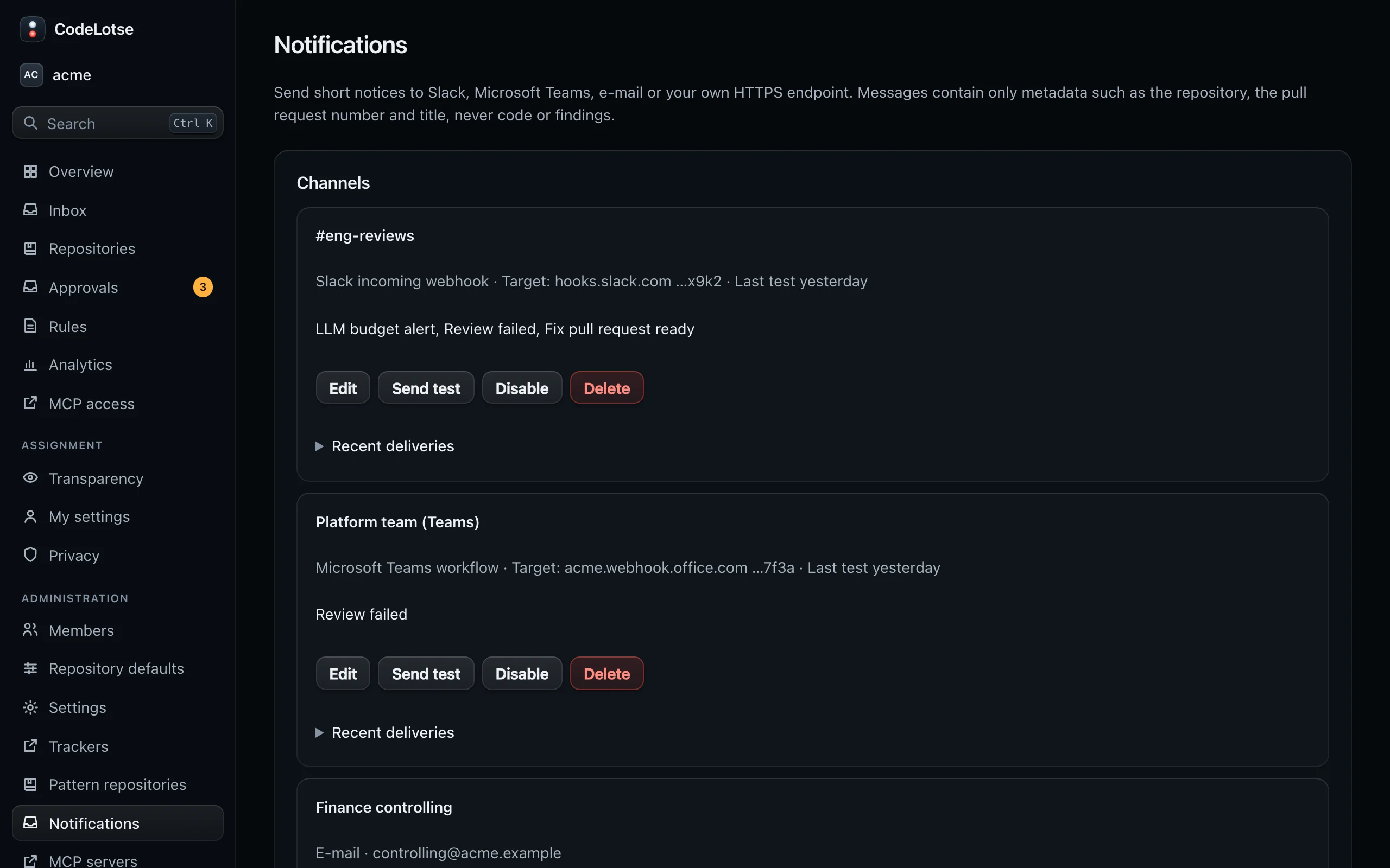 The Notifications page of acme with a notification channel, its events and recent deliveries