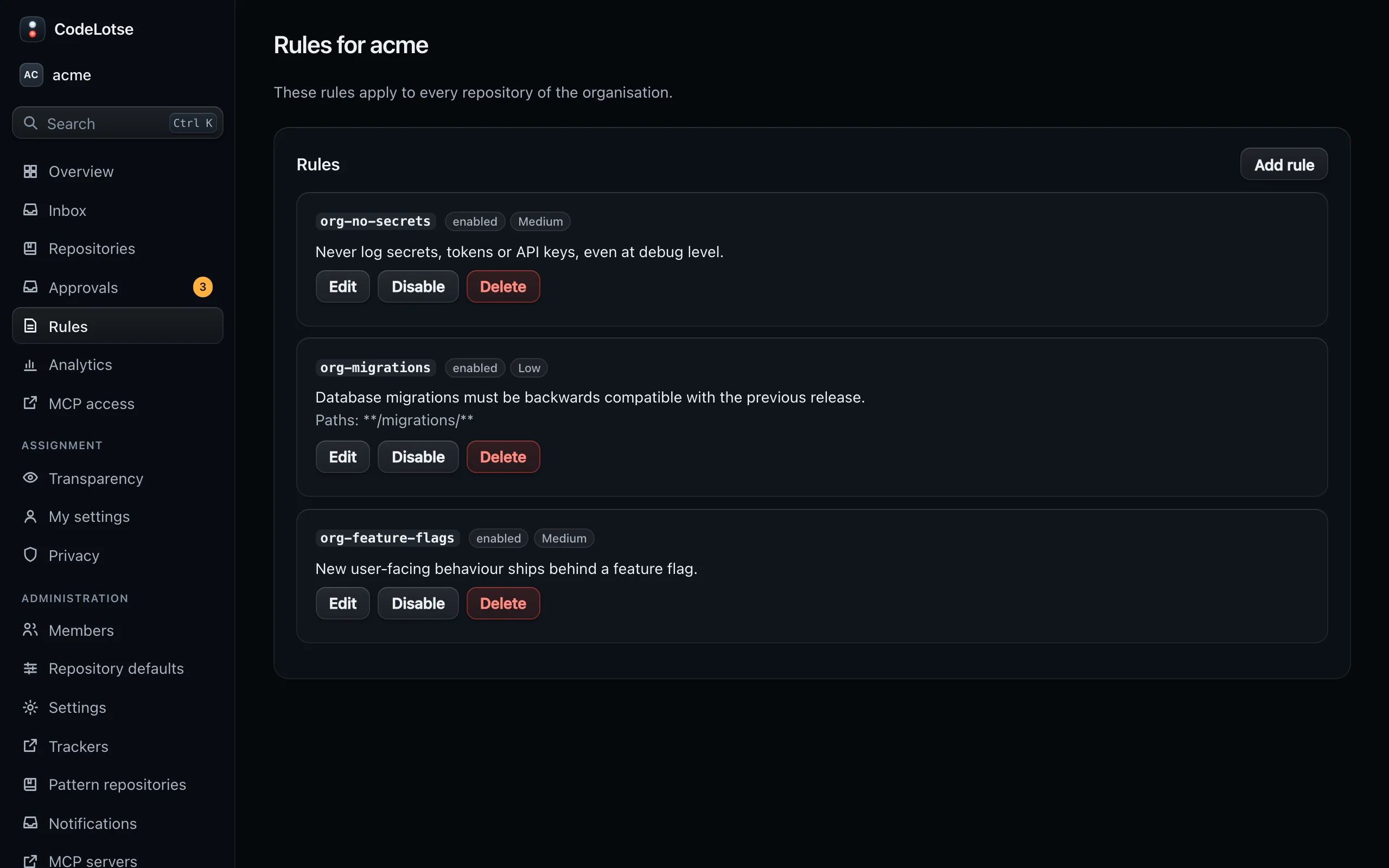 The organisation rules of acme that apply to every repository