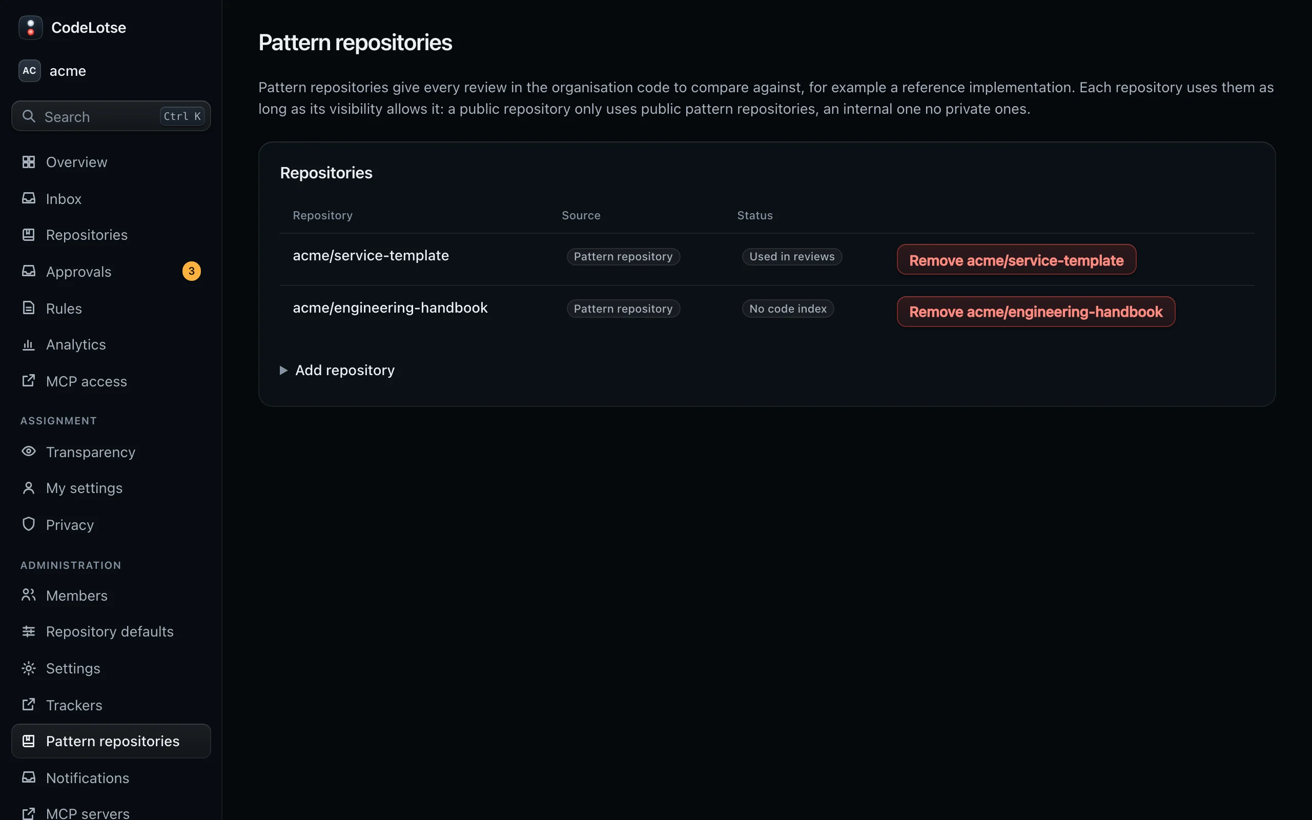 The Pattern repositories page of acme with the repositories every review may compare against