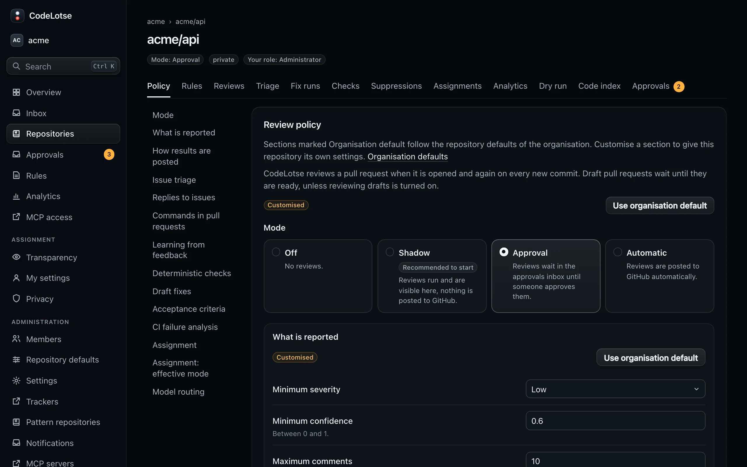 The Policy tab of acme/api with the review mode, what is reported and how results are posted