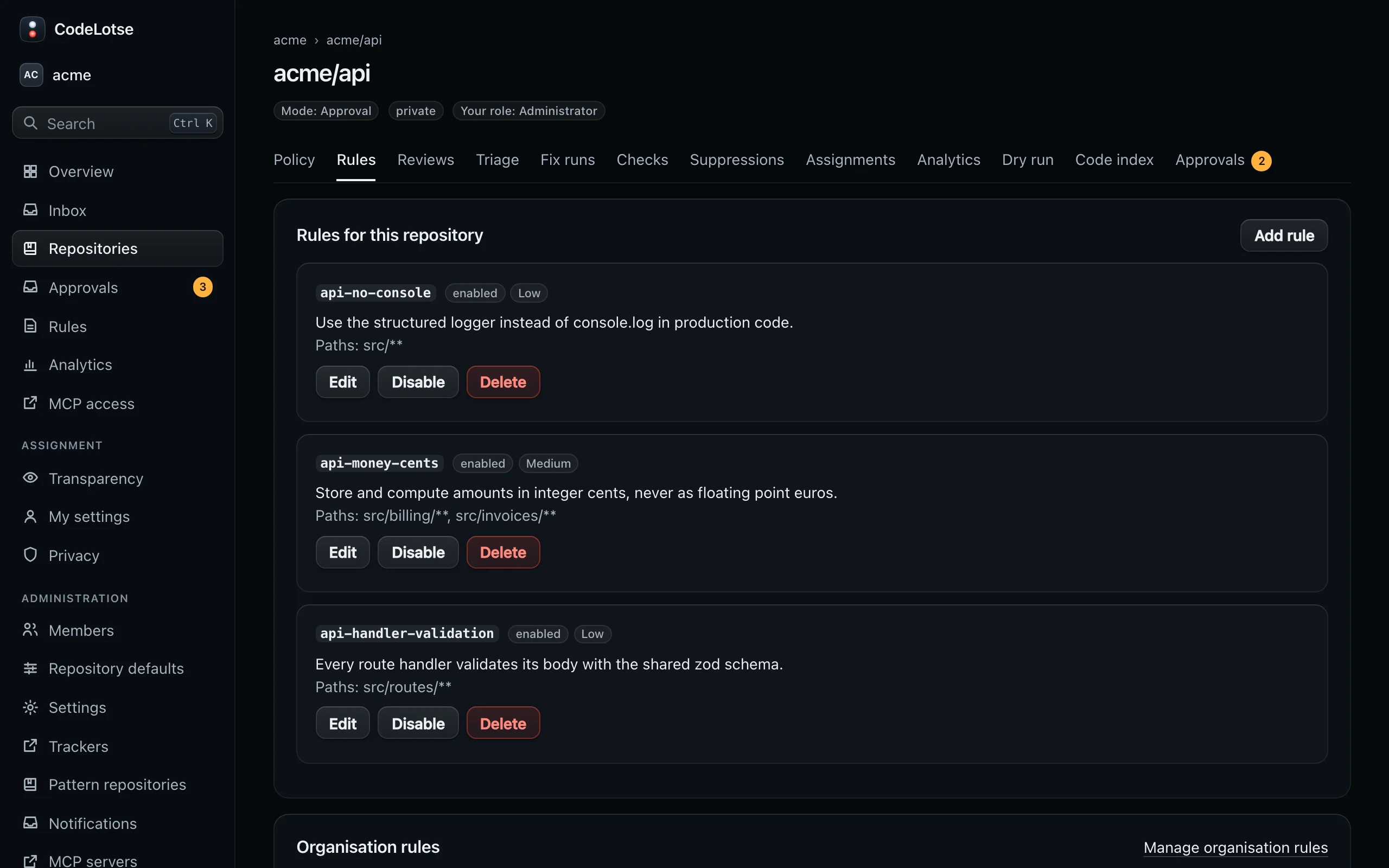 The Rules tab of acme/api with the repository rules, the organisation rules and the rules read from repository files