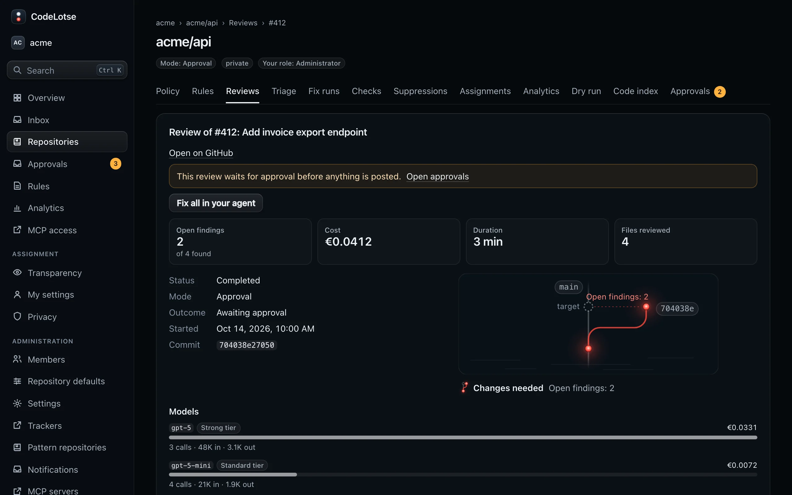 A review run of a pull request in acme/api with its open findings grouped by file and the models it called