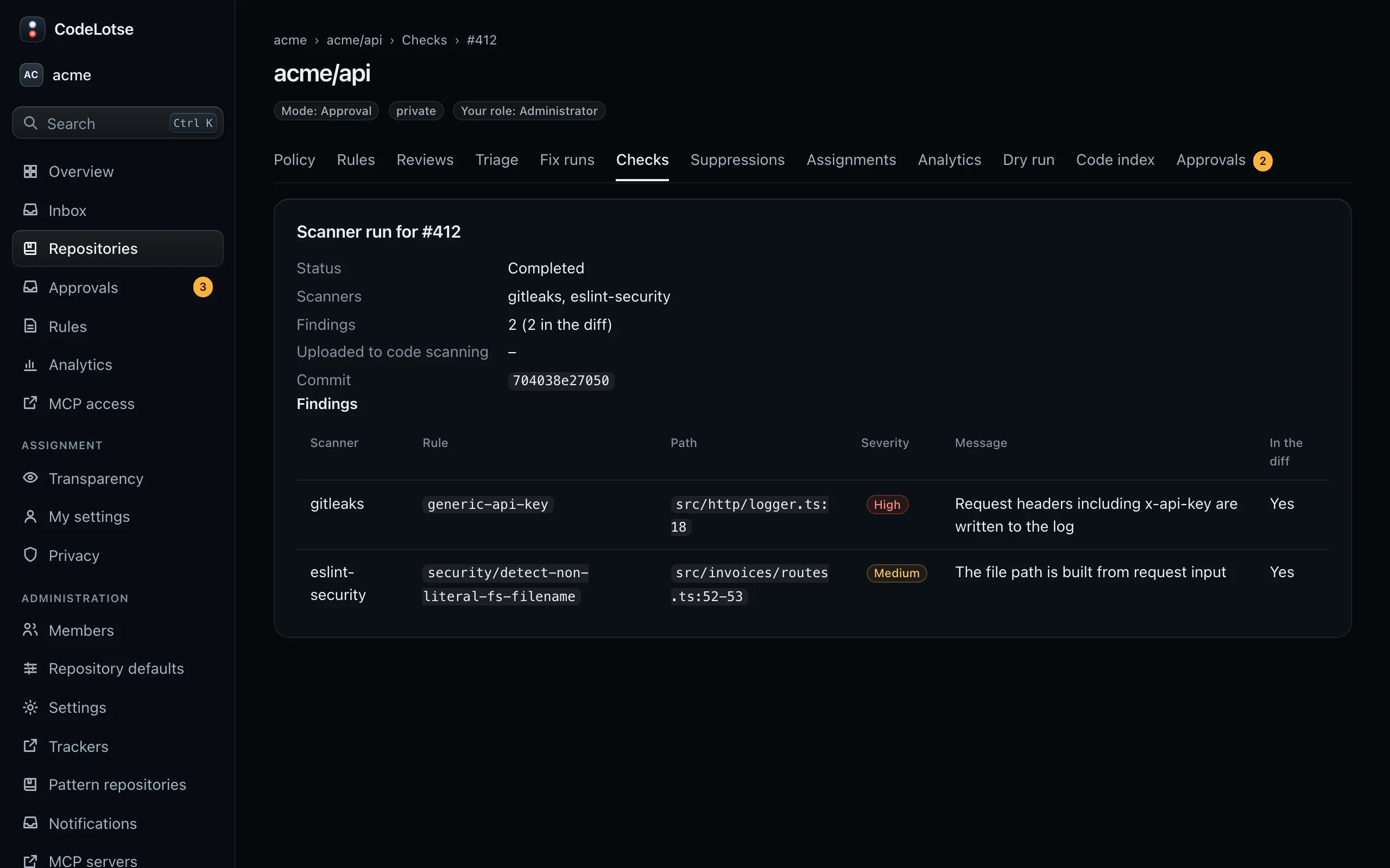 A scanner run of a pull request in acme/api with its findings, their rule, path, severity and whether they are in the diff