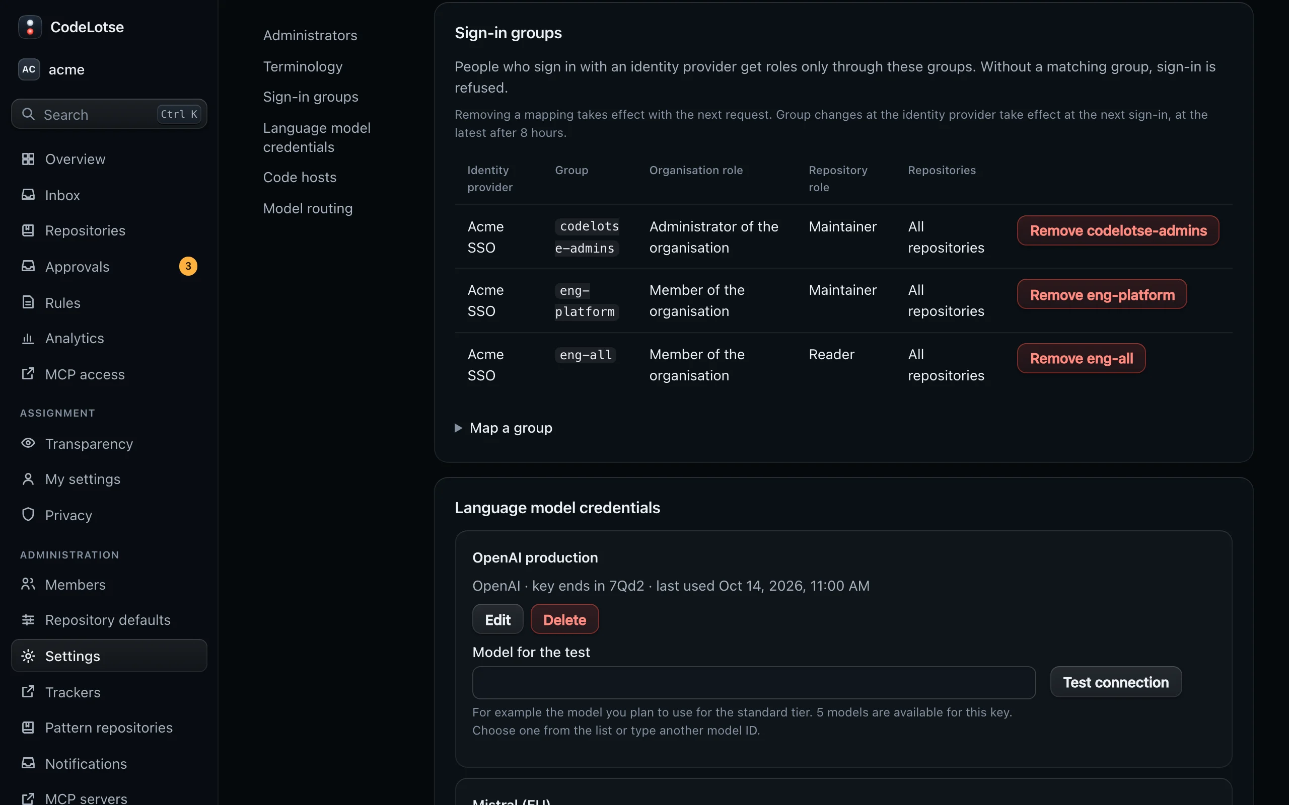 The Sign-in groups section with groups of an identity provider mapped to organisation and repository roles