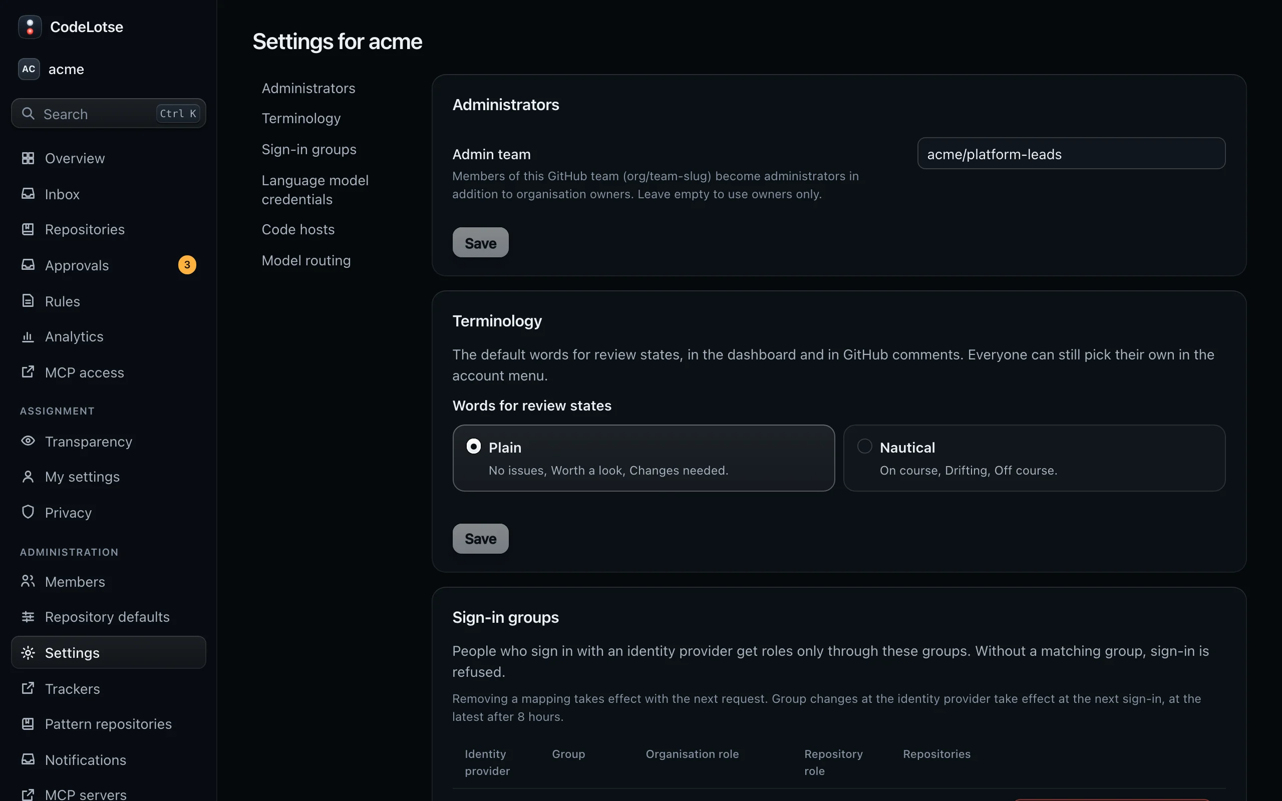 The settings of acme with the sections Administrators, Terminology, Sign-in groups, Language model credentials, Code hosts and Model routing
