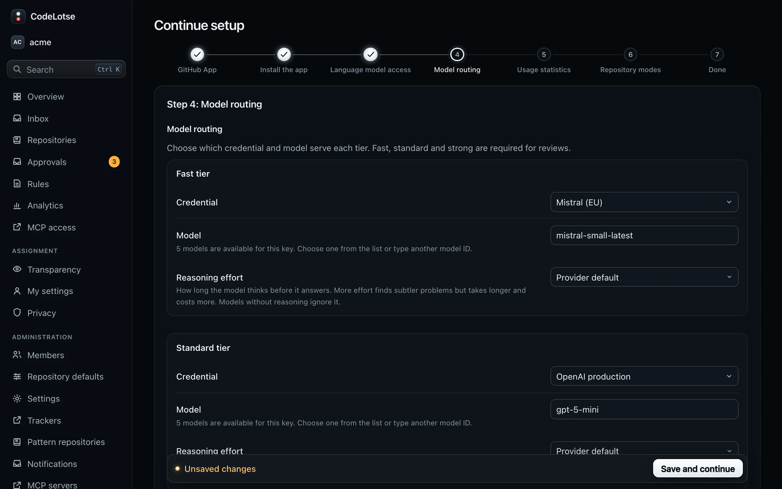 The Continue setup page with its steps from GitHub App to Repository modes