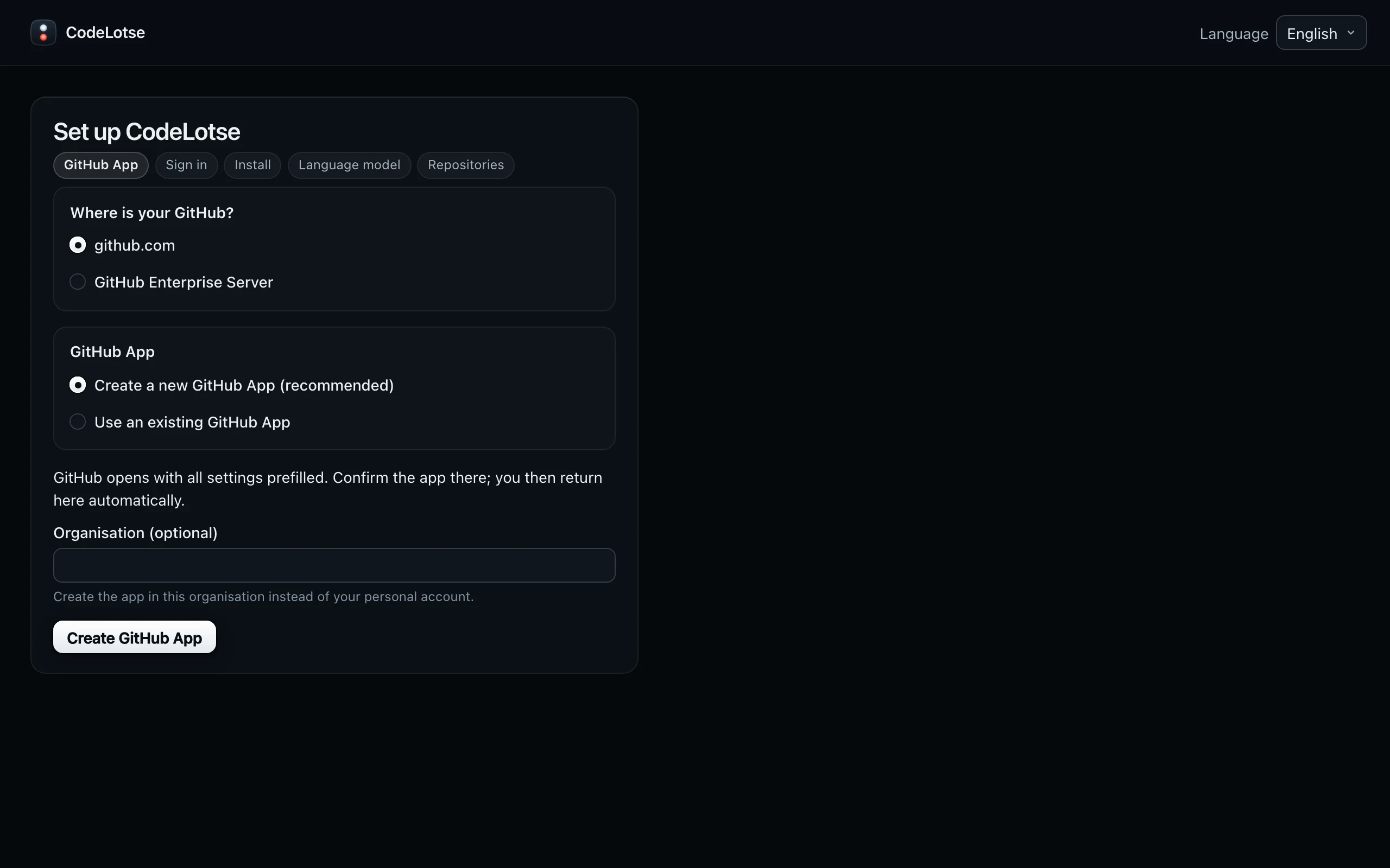 The Set up CodeLotse page with the choice between github.com and GitHub Enterprise Server and the option to create a new GitHub App
