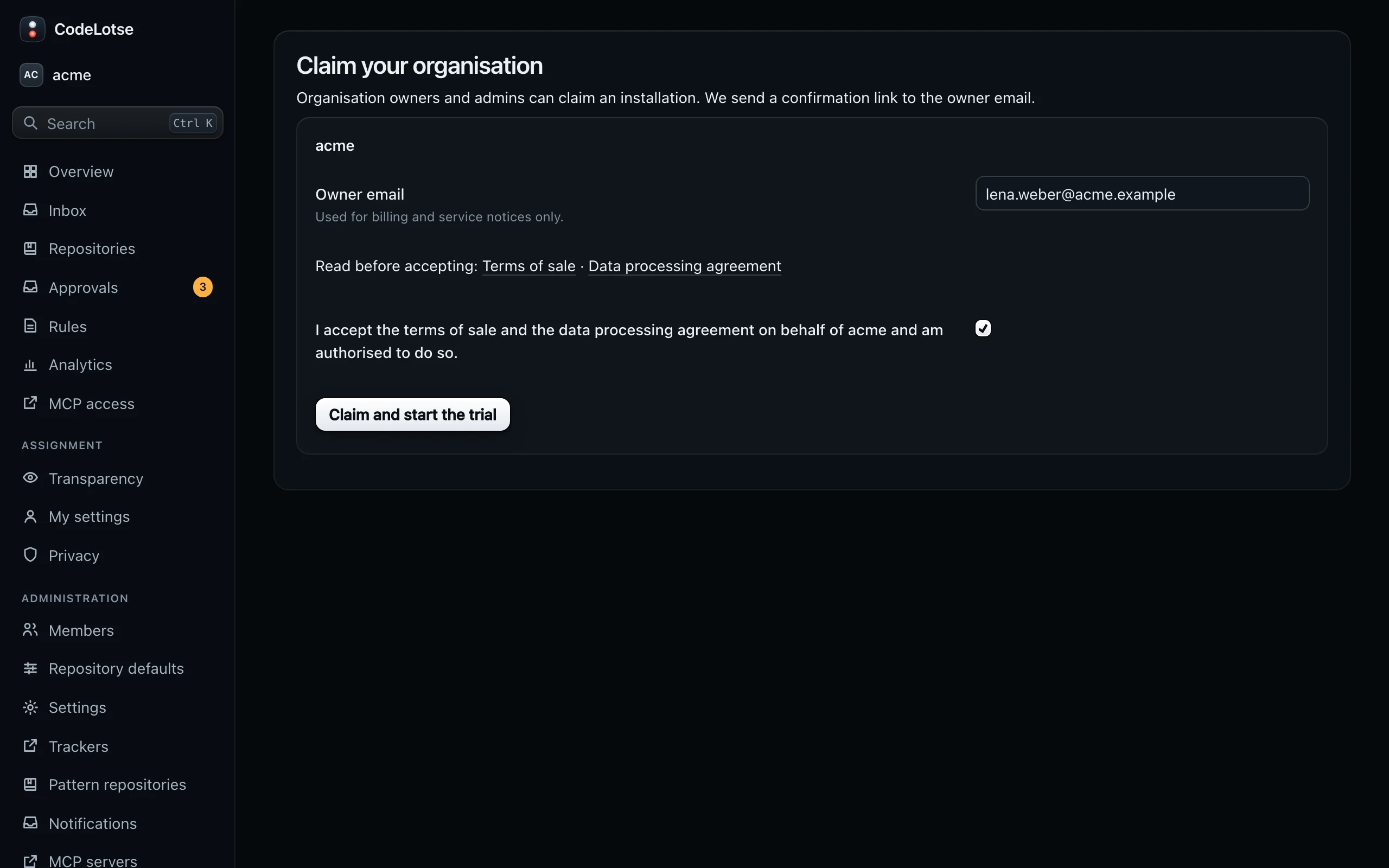 Claiming an organisation, with the owner email and the consent to the agreements