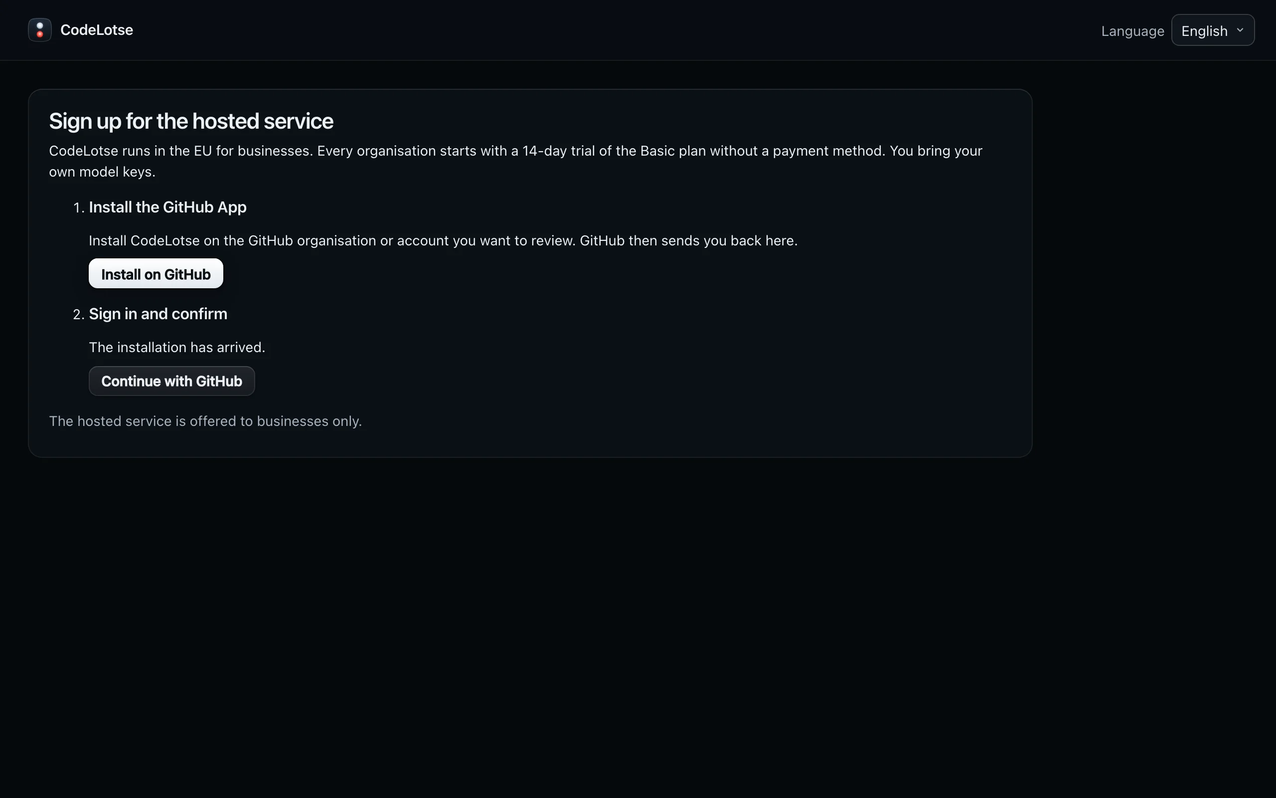 The sign-up page with the Install on GitHub button