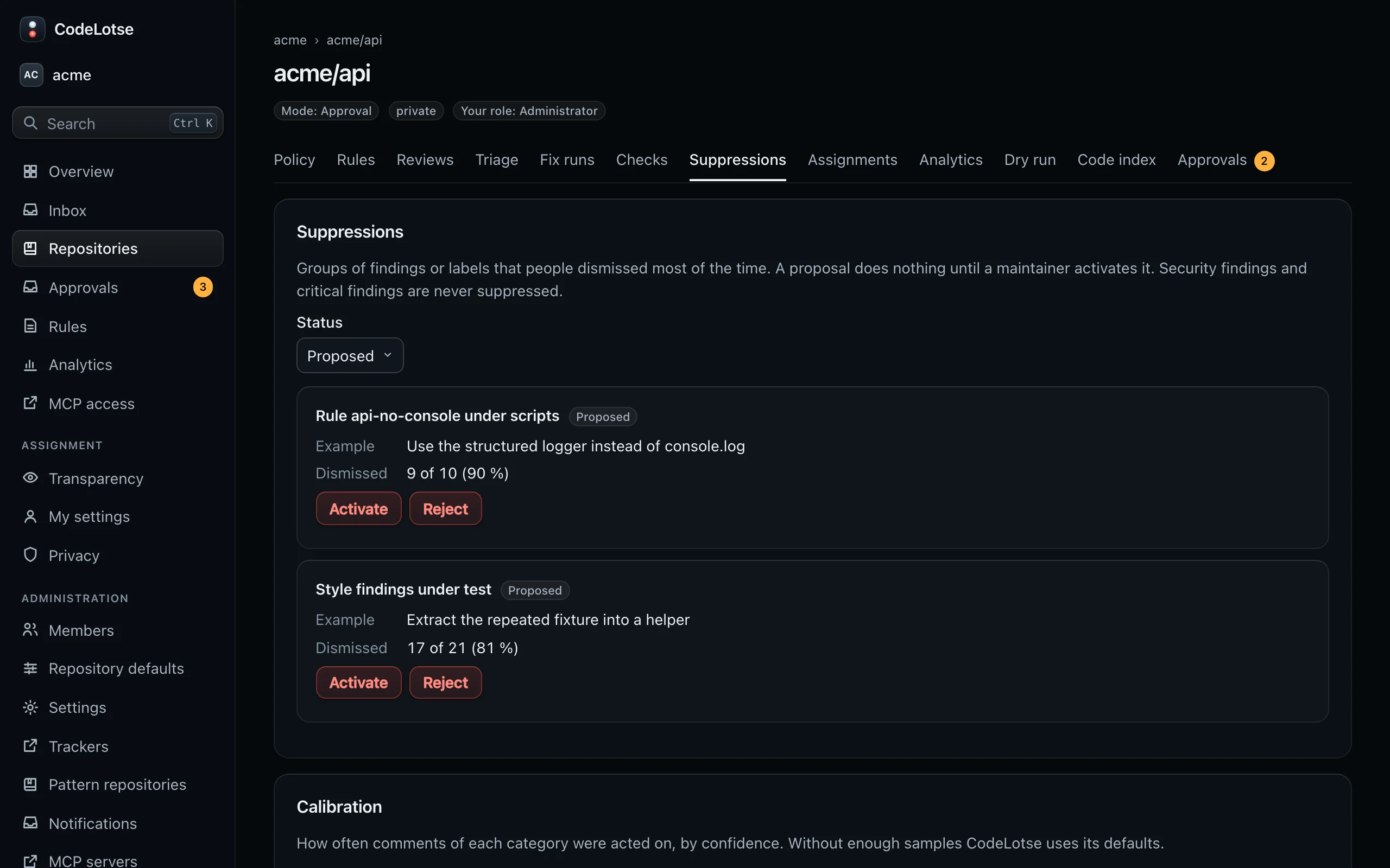 The Suppressions tab of acme/api with proposed and active suppressions and how often each group was dismissed
