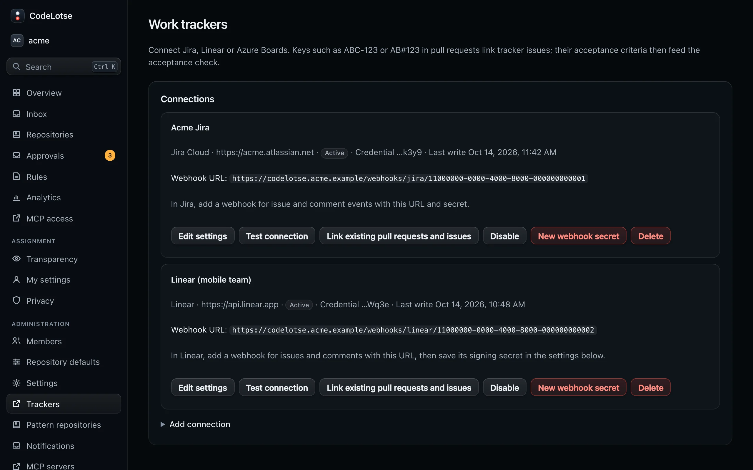 The Work trackers page of acme with a tracker connection and its status