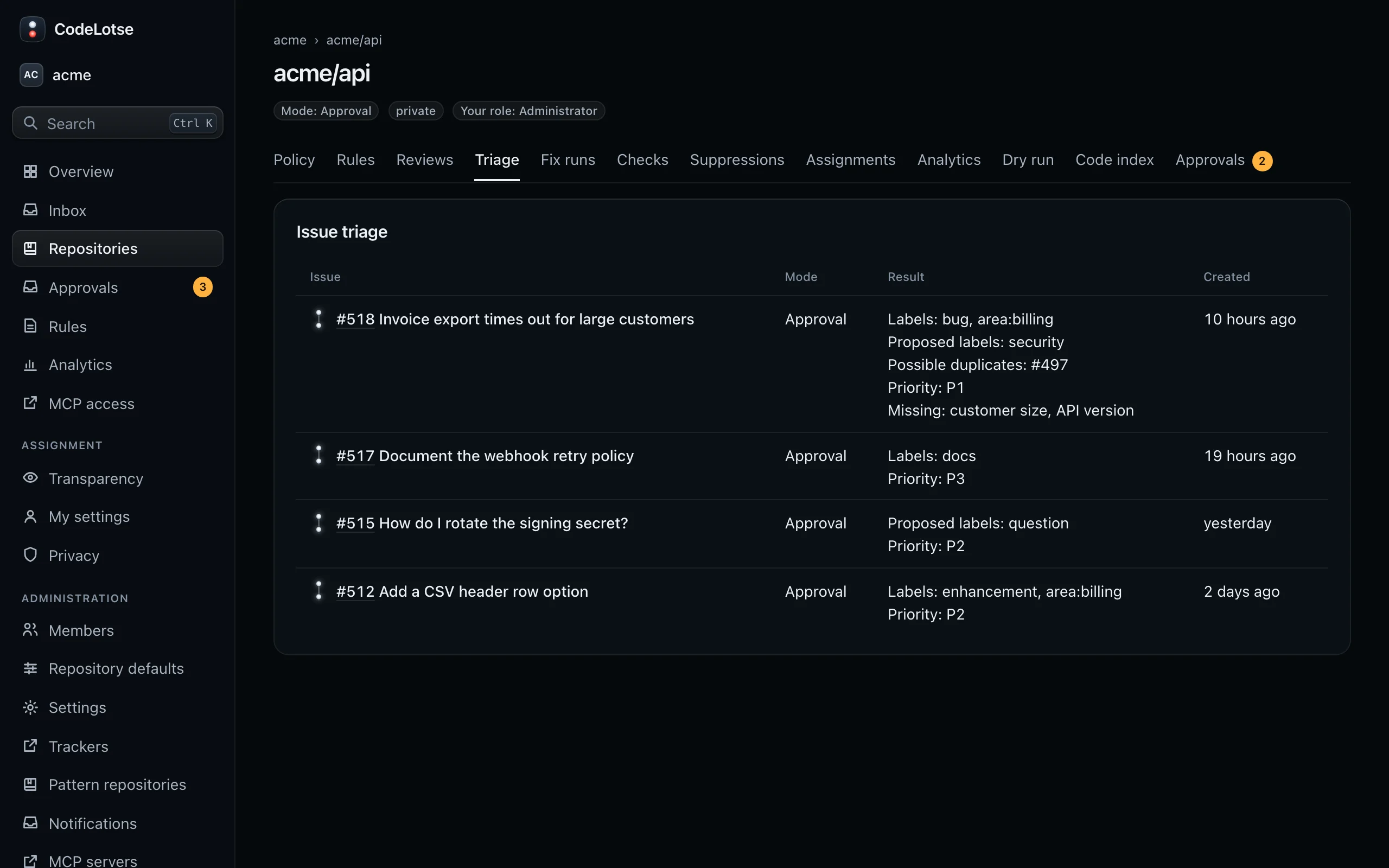 The Triage tab of acme/api with recent issues, the mode and the triage result of each